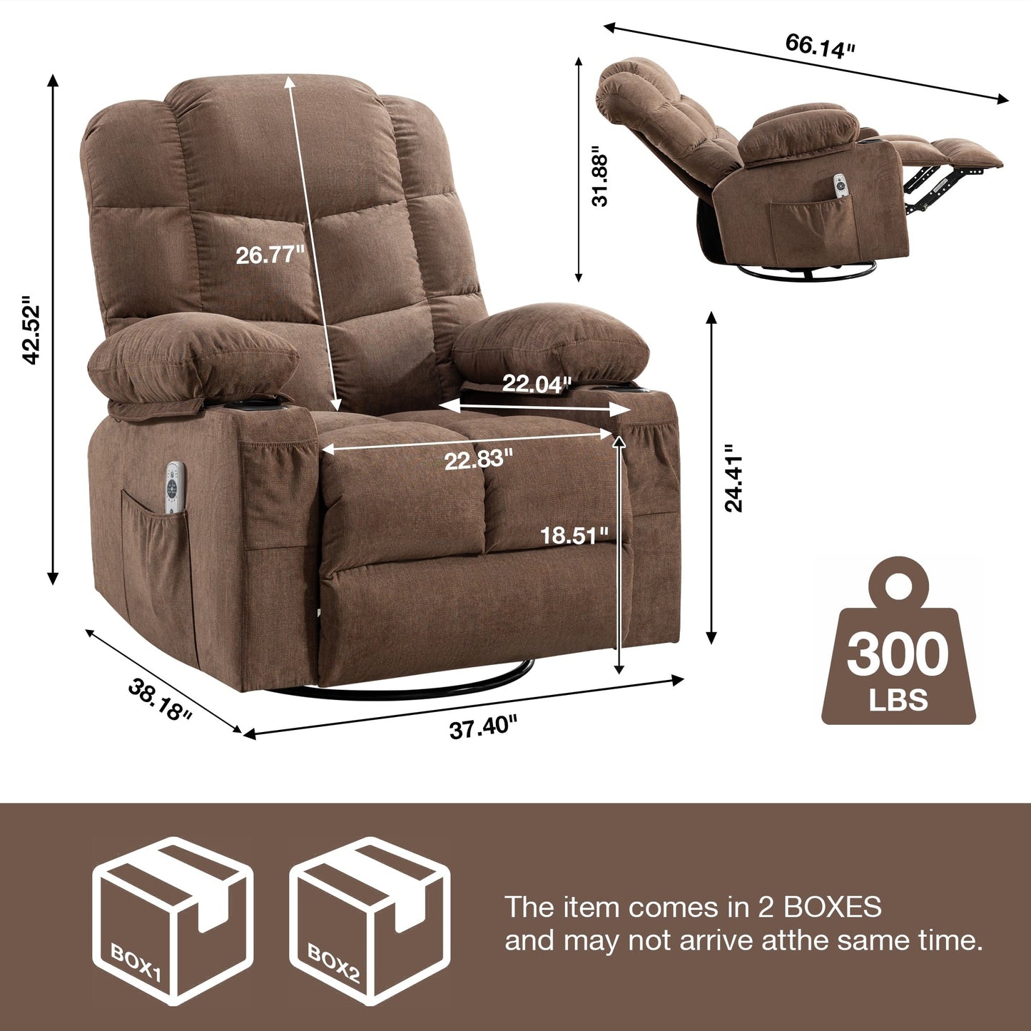 Electric Recliner Chair with 139° Adjustable Recline, 8-Point Massage & Lumbar Heat, Okin Motor, USB Charging, and Side Storage