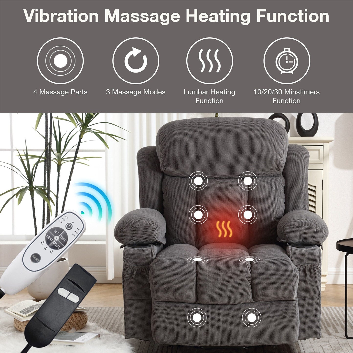 Electric Recliner Chair with Massage and Heat, USB Port, Cup Holders and Side Pockets, Adjustable Vibration Modes and Heating