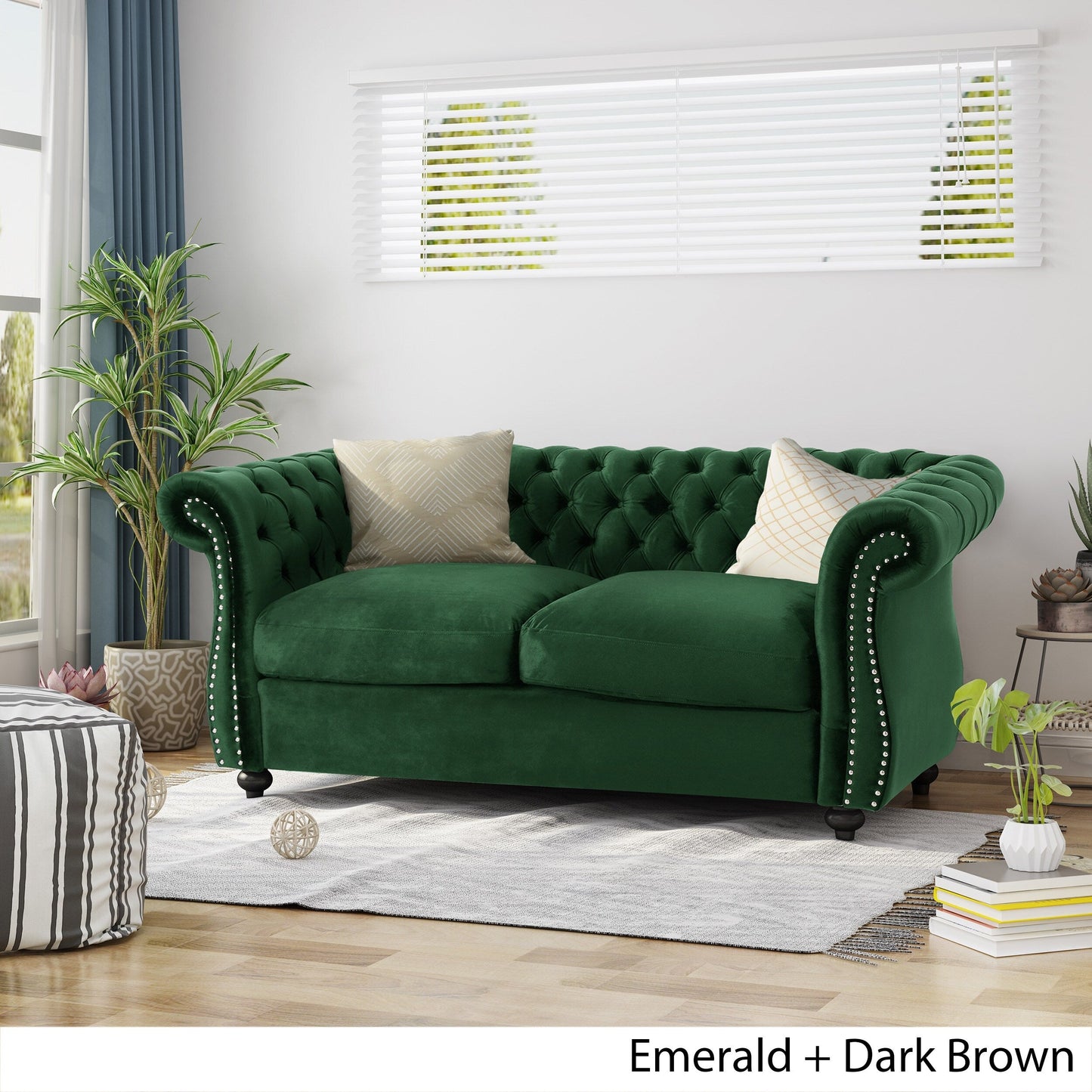 Emerald Chesterfield 61.75 Button Tufted Upholstered Loveseat Sofa with Nailheads and Wood Legs for Living Room