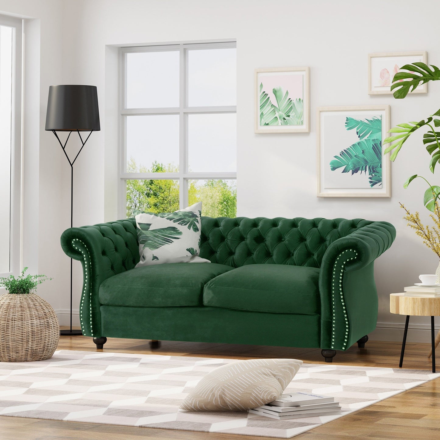 Emerald Chesterfield 61.75 Button Tufted Upholstered Loveseat Sofa with Nailheads and Wood Legs for Living Room