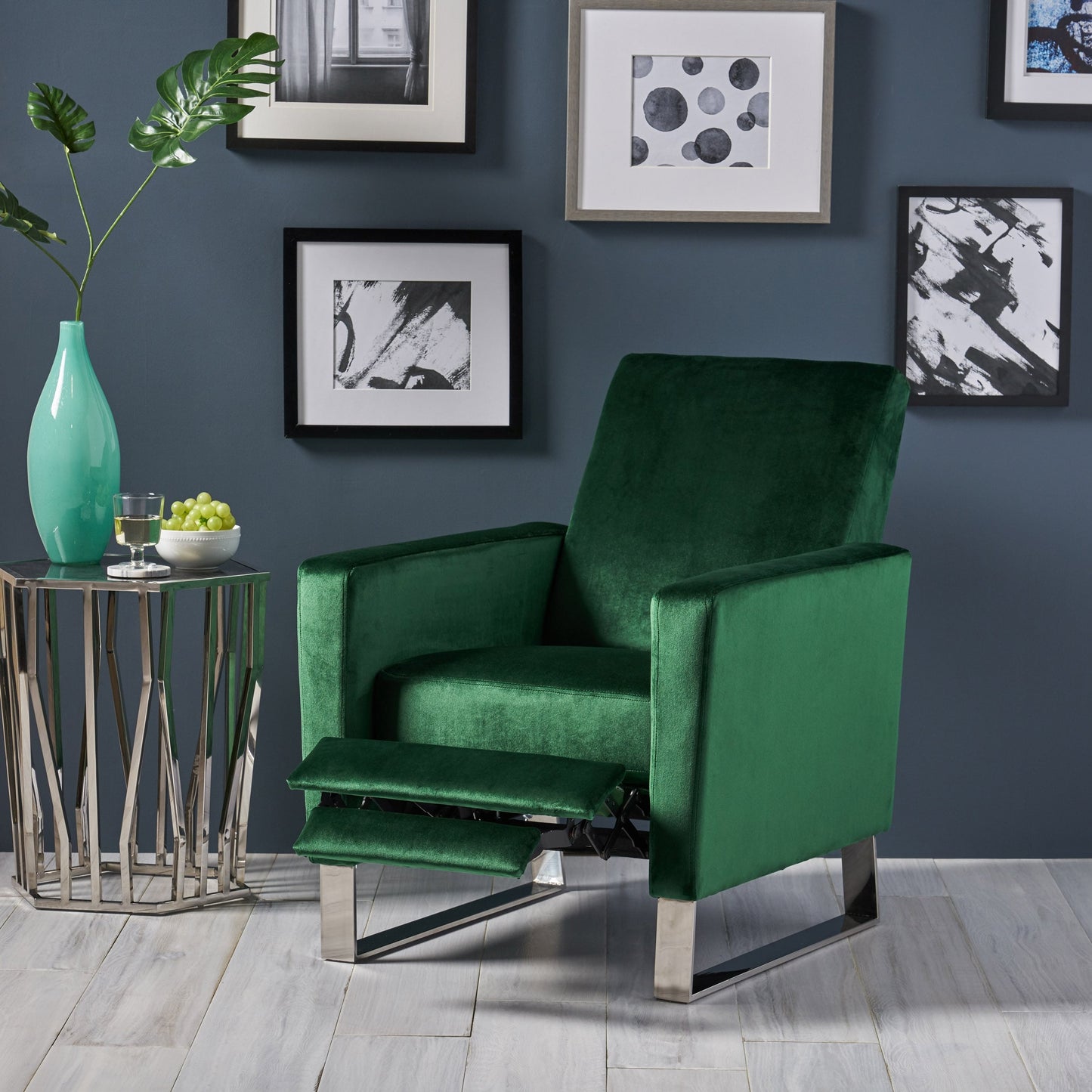 Emerald Modern Velvet Upholstered Push-Back Recliner with Footrest and Stainless Steel Legs