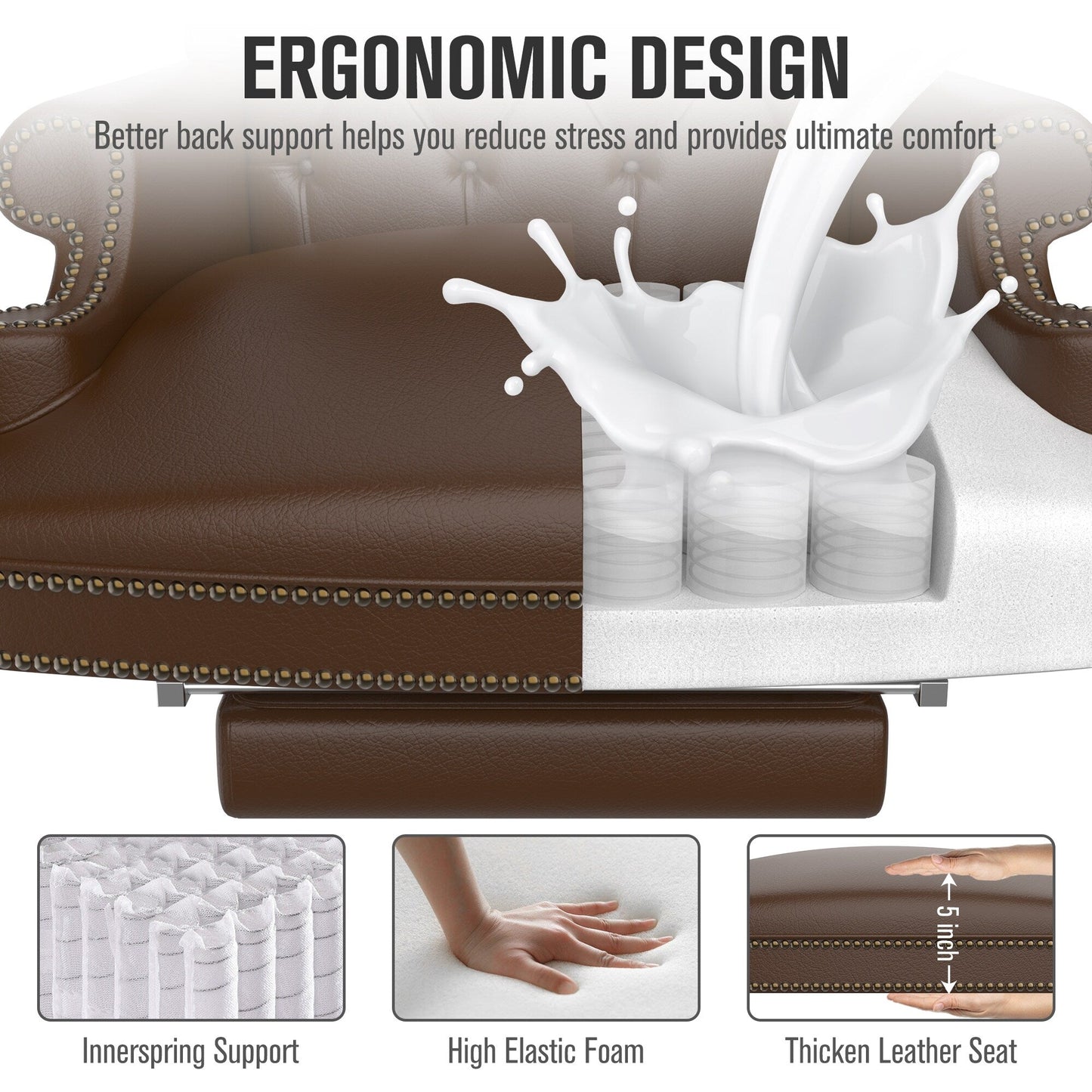 Ergonomic PU Leather Swivel Office Recliner with Footrest, Button-tufted Backrest, Nailhead Decoration