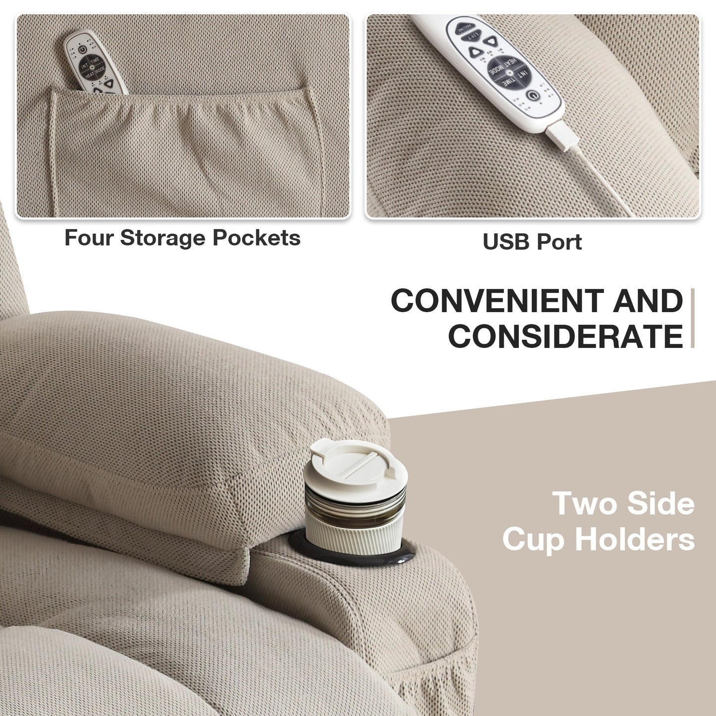 Ergonomic Power Lift Recliner Chair Electric Fabric Massage Heat Sofa with USB Charging, Side Pockets and Remote Control