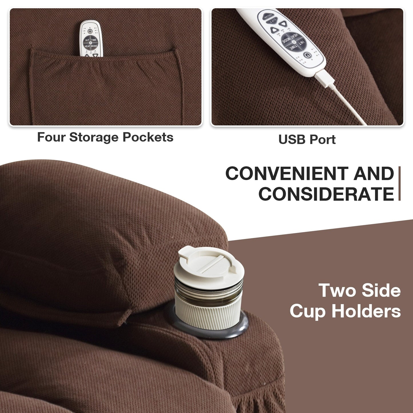Ergonomic Power Lift Recliner Chair Electric Fabric Massage Heat Sofa with USB Charging, Side Pockets and Remote Control