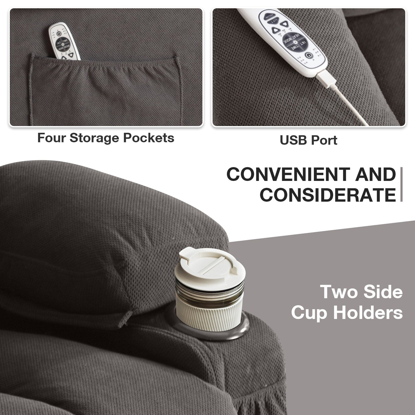 Ergonomic Power Lift Recliner Chair Electric Fabric Massage Heat Sofa with USB Charging, Side Pockets and Remote Control