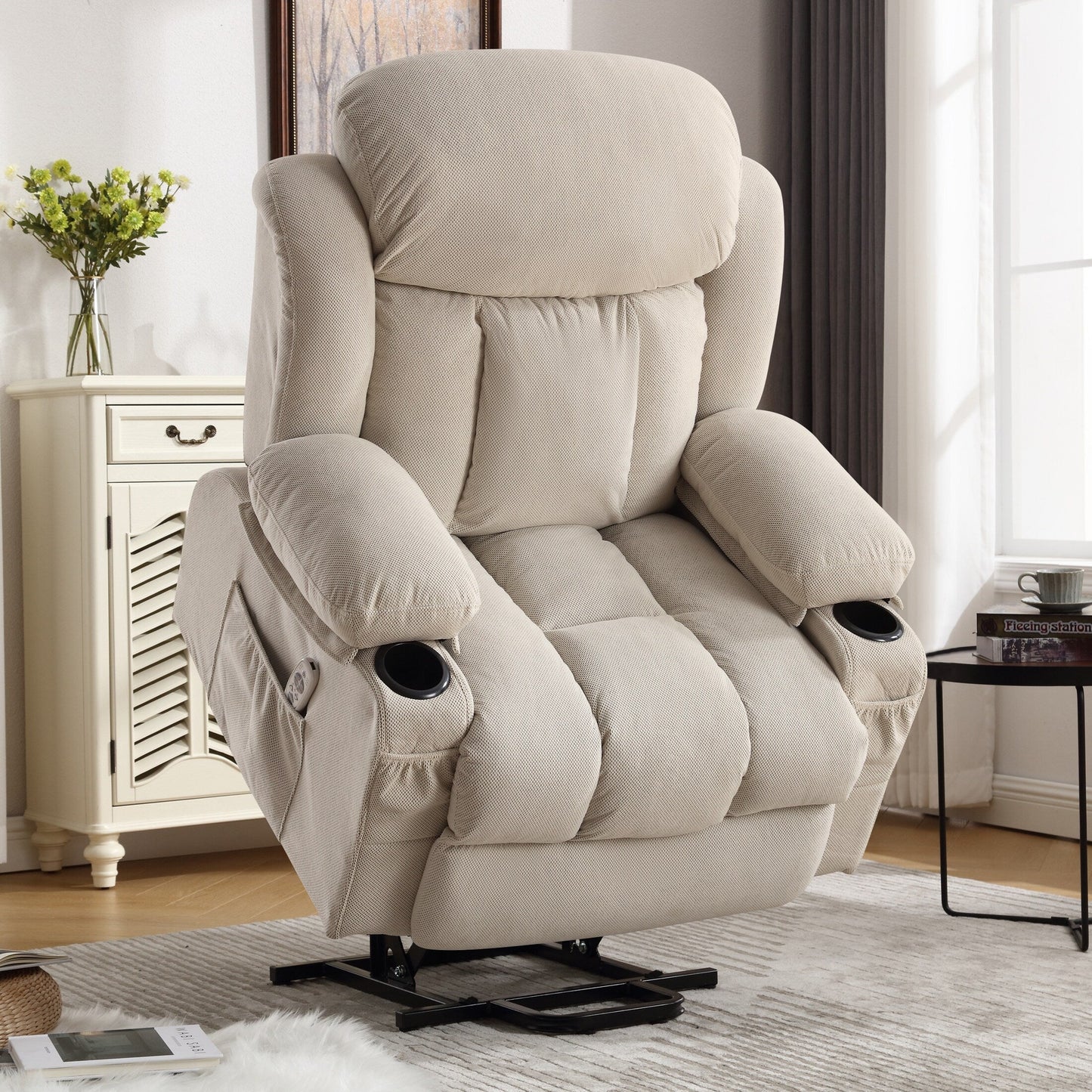 Ergonomic Power Lift Recliner Chair Electric Fabric Massage Heat Sofa with USB Charging, Side Pockets and Remote Control