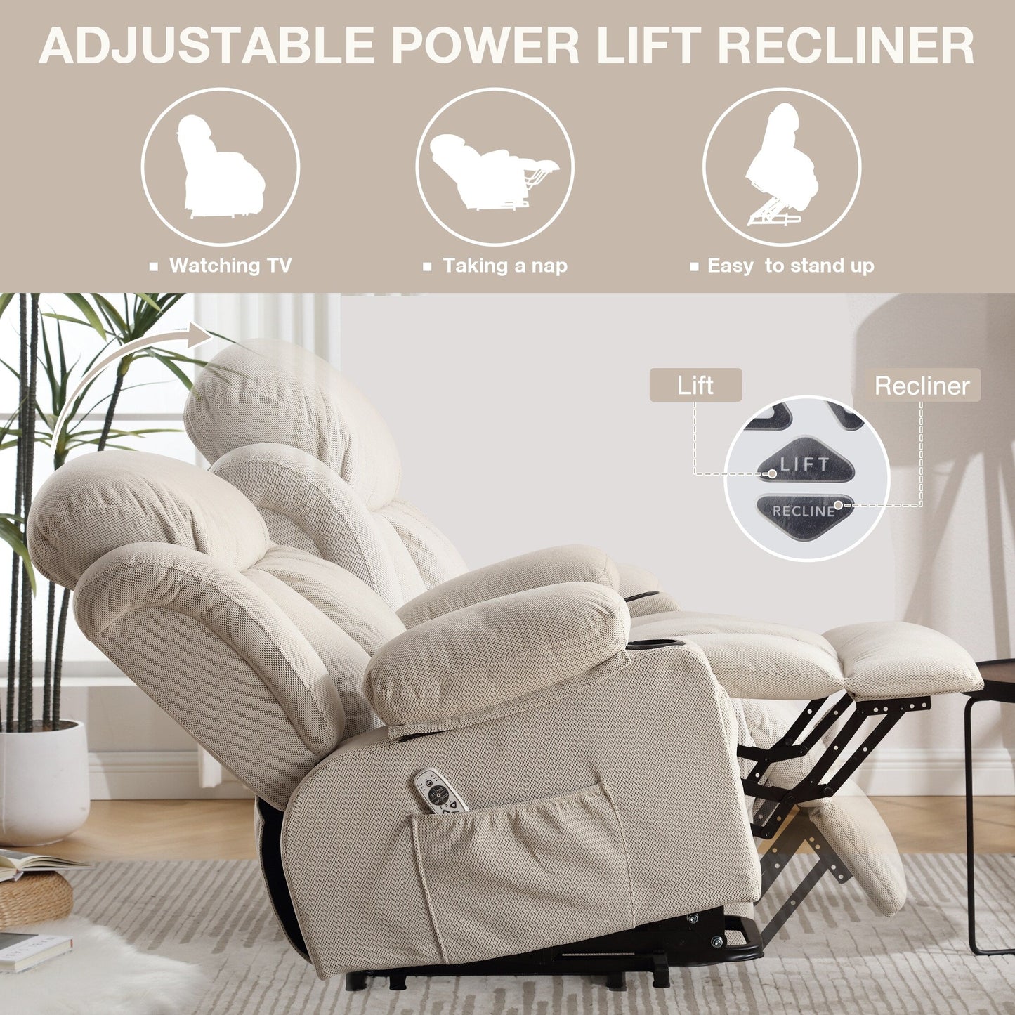 Ergonomic Power Lift Recliner Chair Electric Fabric Massage Heat Sofa with USB Charging, Side Pockets and Remote Control