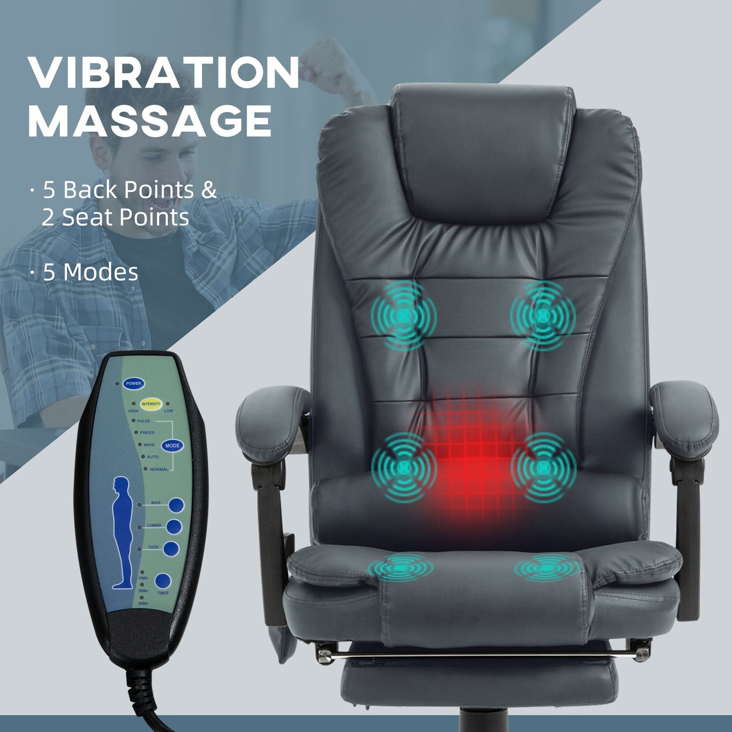 Ergonomic Rolling Vibration Massage Office Chair with Reclining Backrest, Adjustable Height and Retractable Footrest