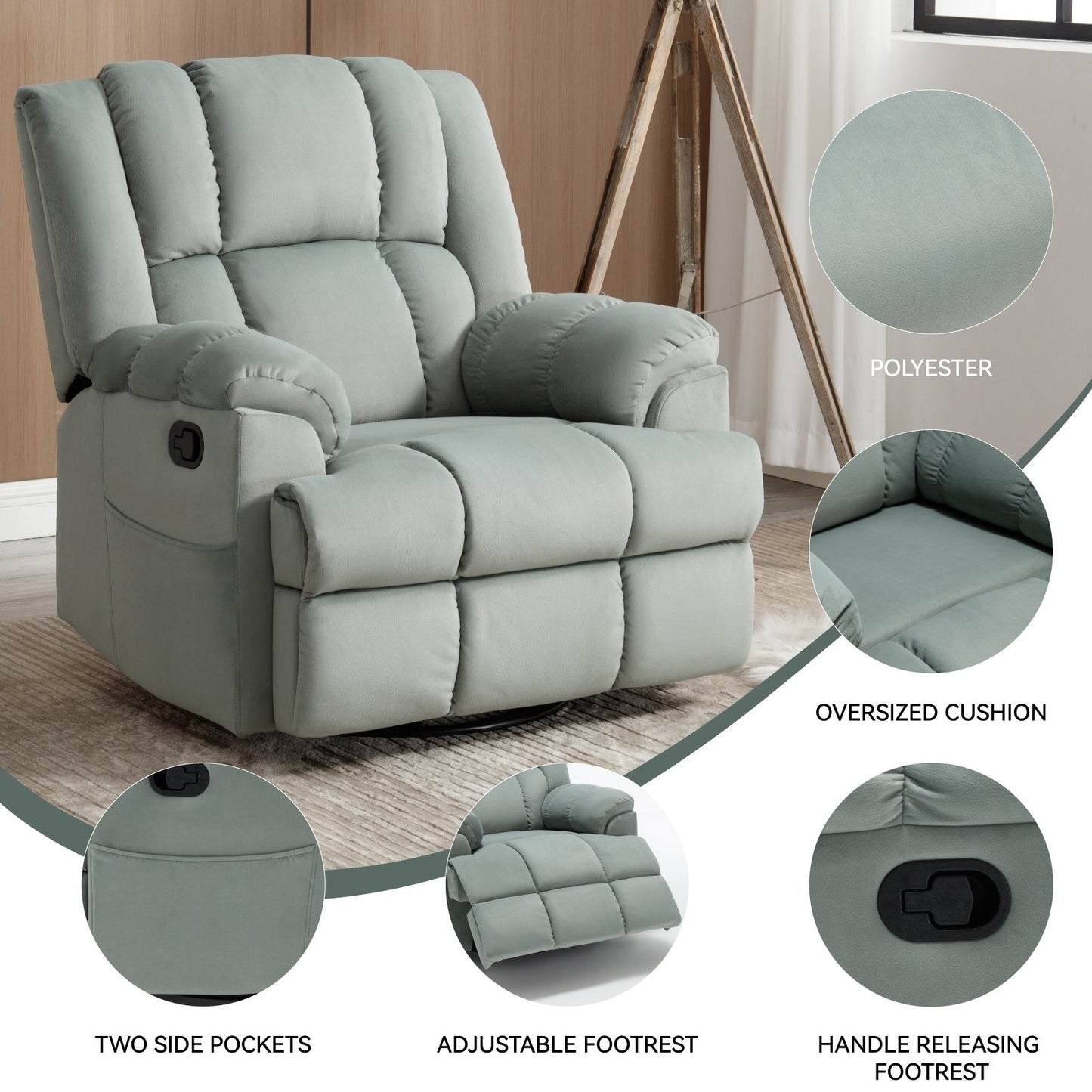 Extra-Large Manual Recliner Chair with 360° Swivel Base and Rocking Motion, Tool-Free Assembly