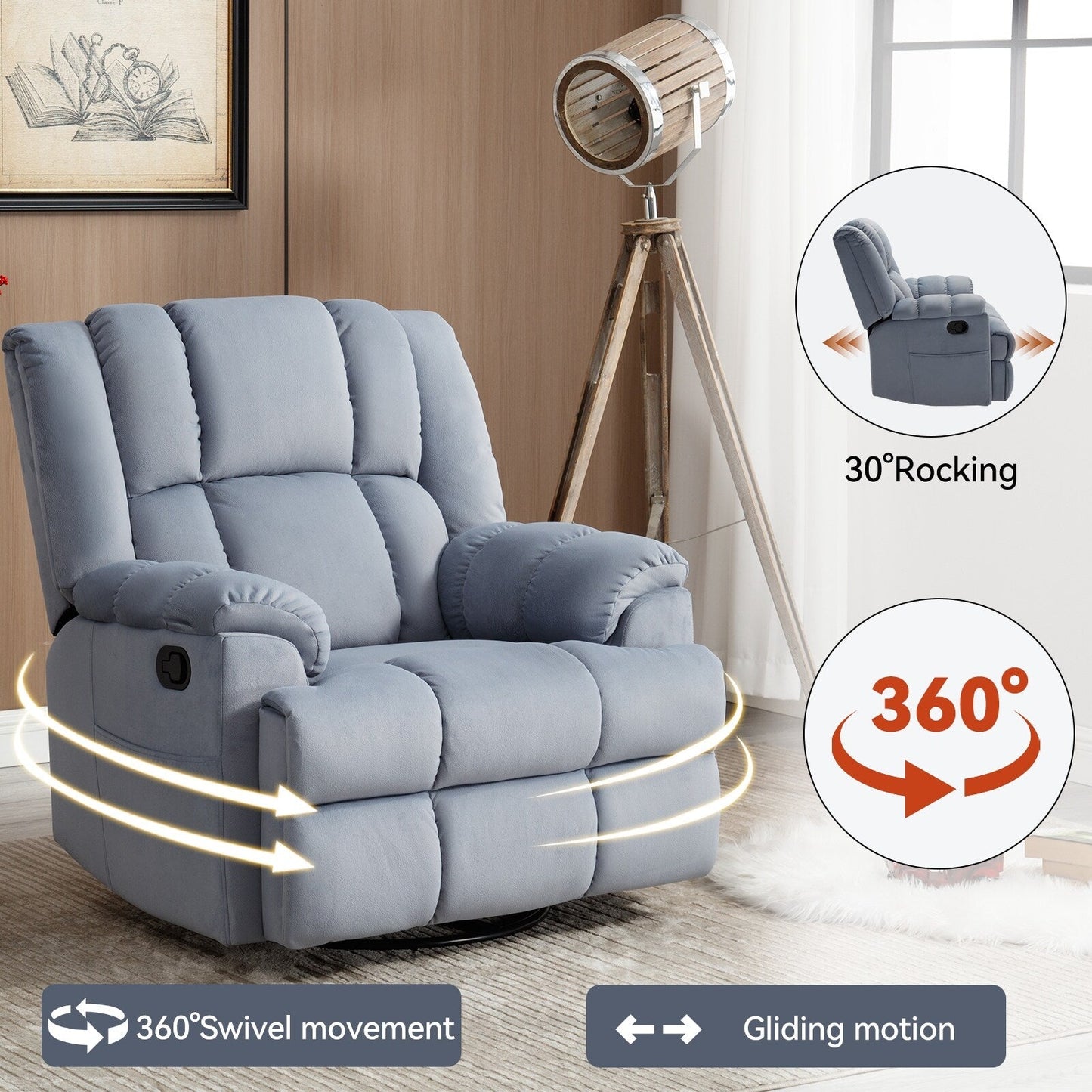 Extra-Large Manual Recliner Chair with 360° Swivel Base and Rocking Motion, Tool-Free Assembly