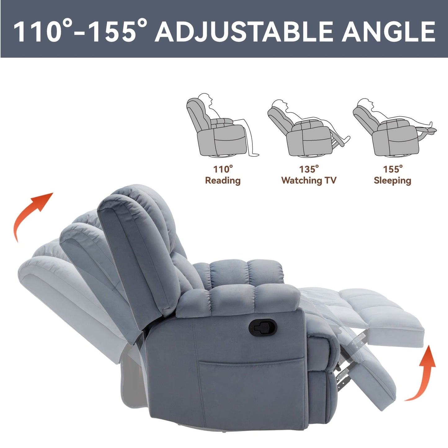 Extra-Large Manual Recliner Chair with 360° Swivel Base and Rocking Motion, Tool-Free Assembly