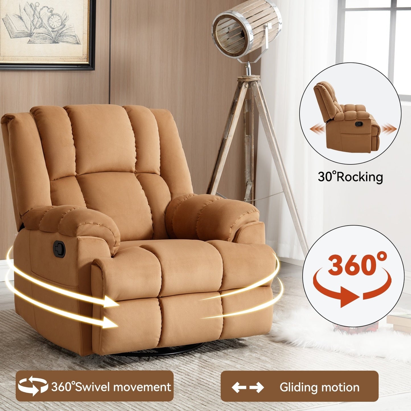 Extra-Large Manual Recliner Chair with 360° Swivel Base and Rocking Motion, Tool-Free Assembly