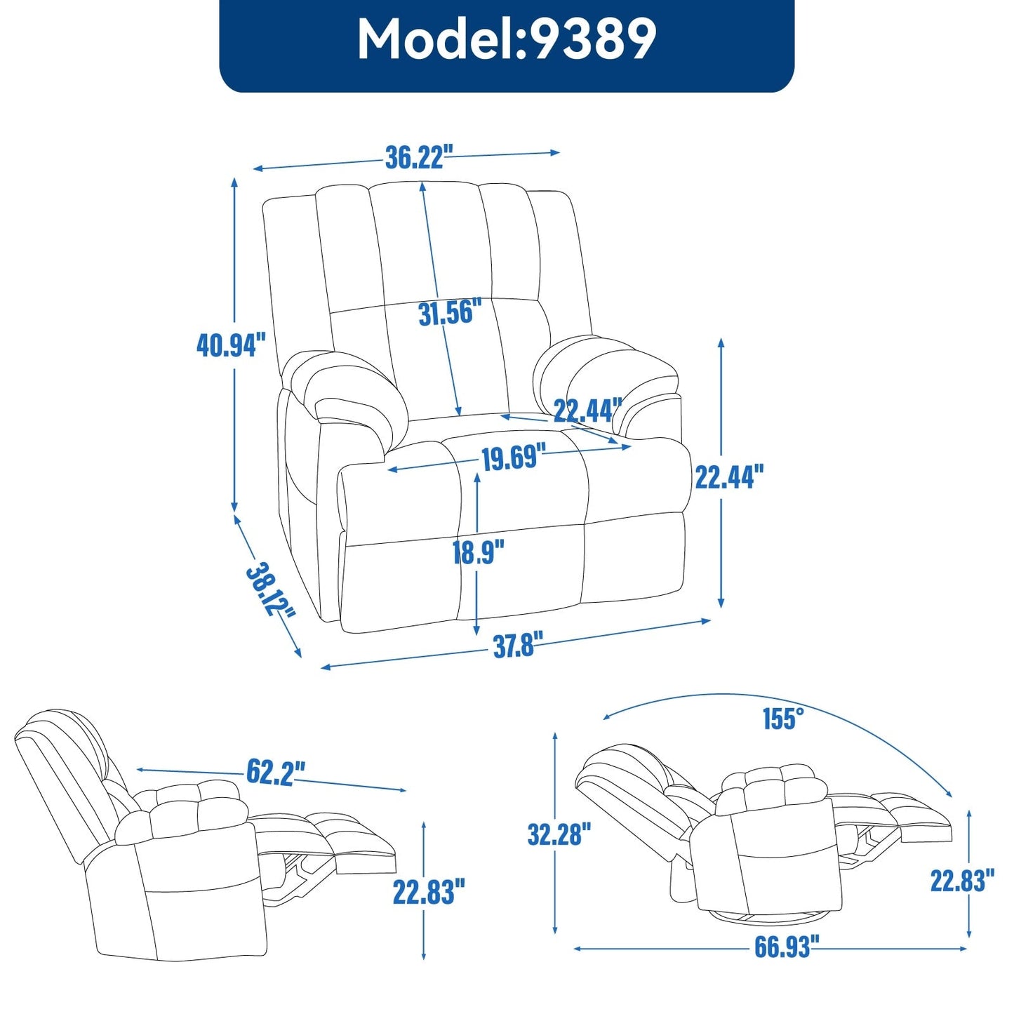 Extra-Large Manual Recliner Chair with 360° Swivel Base and Rocking Motion, Tool-Free Assembly