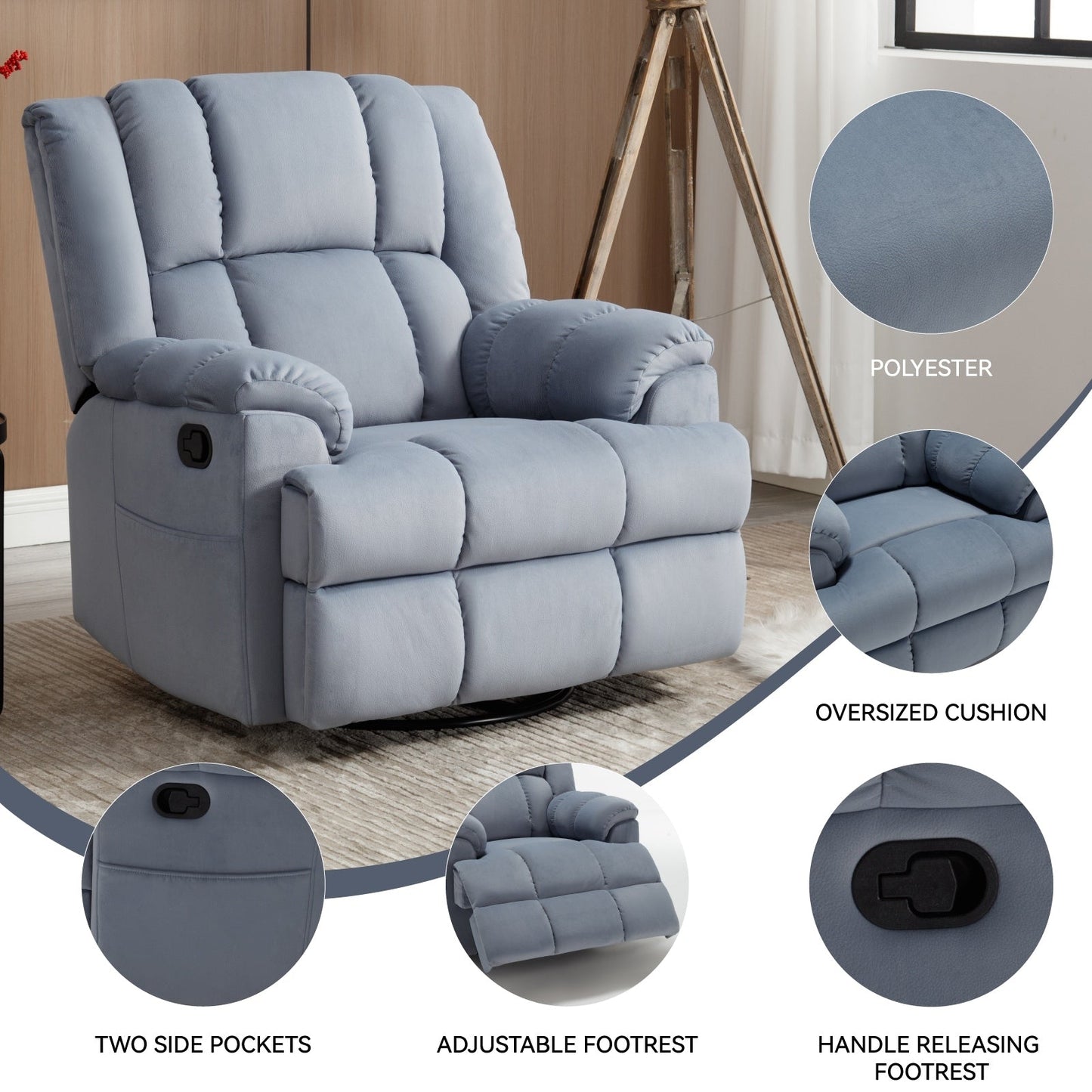 Extra-Large Manual Recliner Chair with 360° Swivel Base and Rocking Motion, Tool-Free Assembly