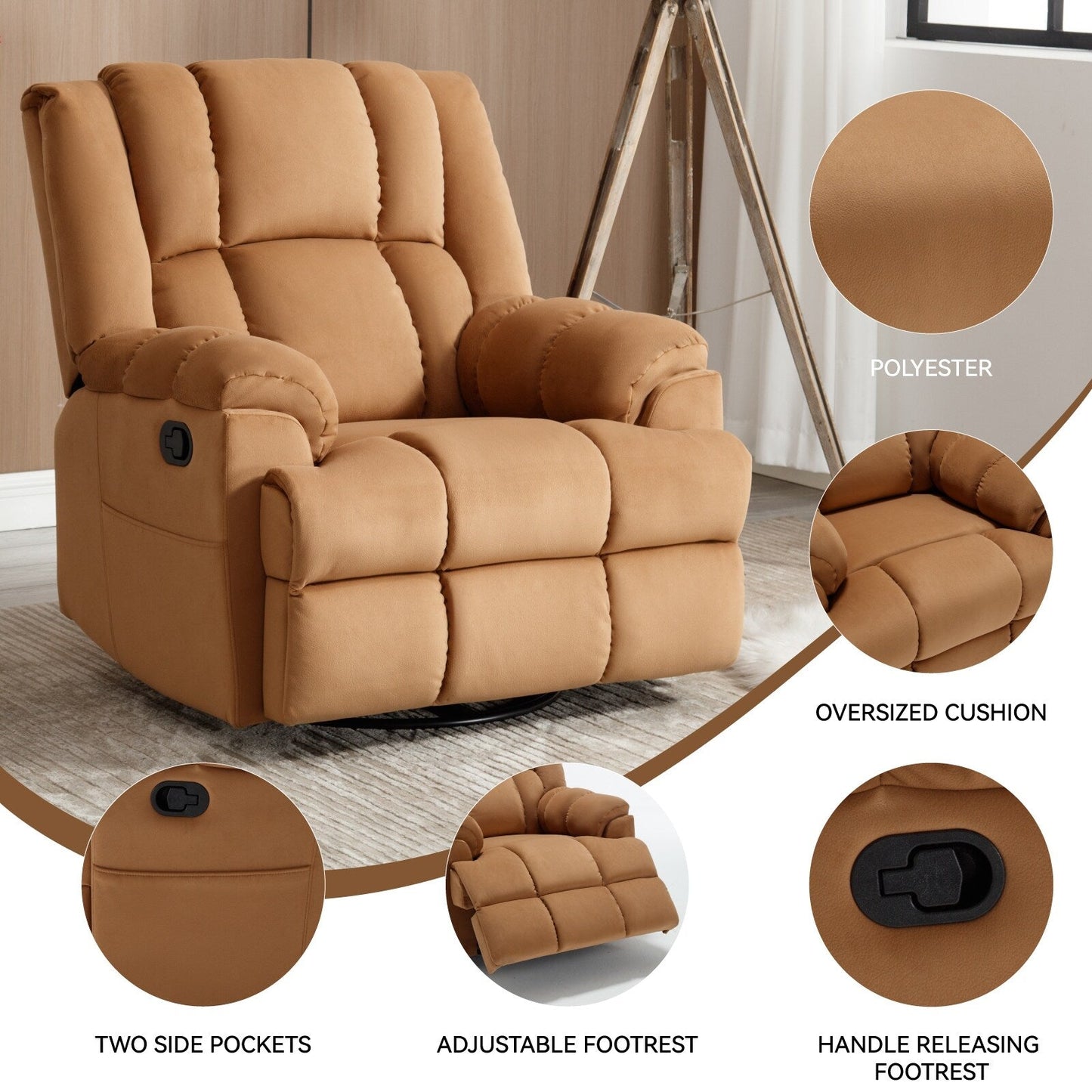 Extra-Large Manual Recliner Chair with 360° Swivel Base and Rocking Motion, Tool-Free Assembly