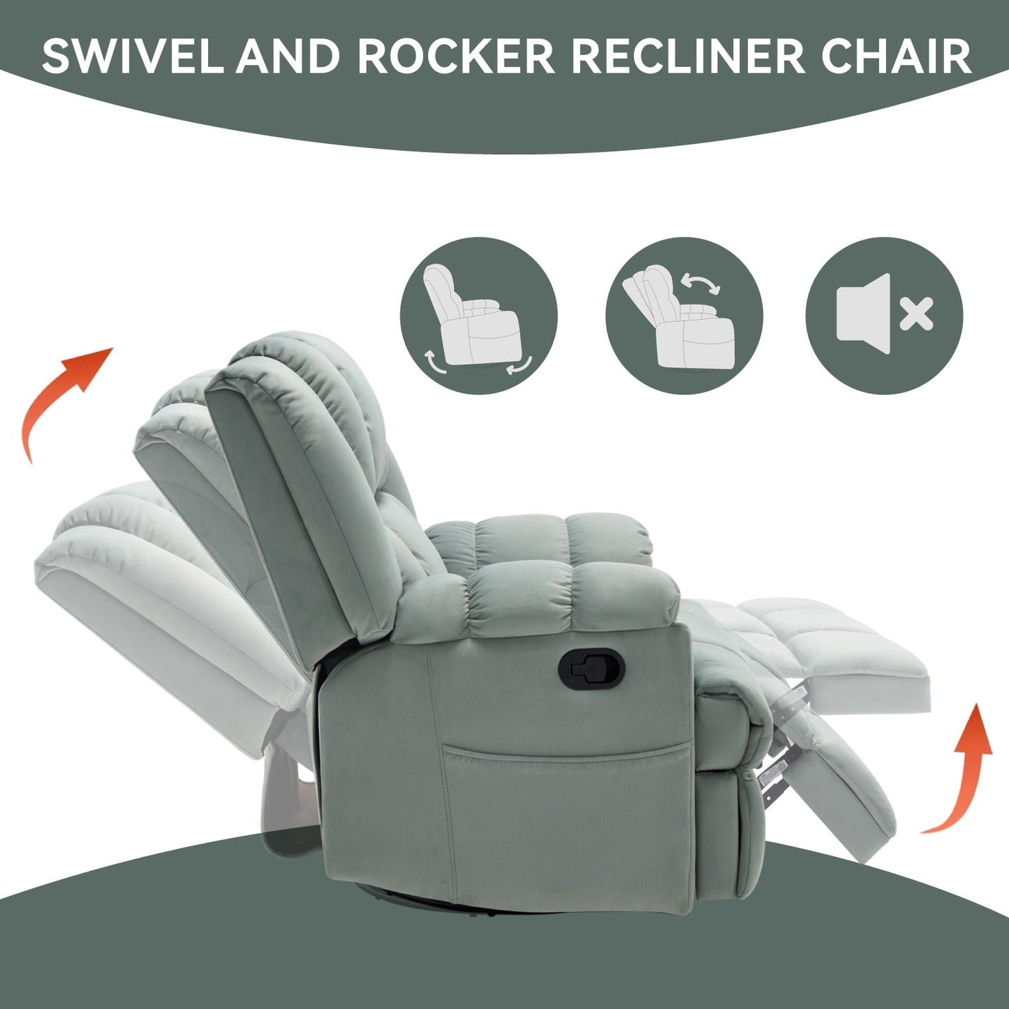 Extra-Large Manual Recliner Chair with 360° Swivel Base and Rocking Motion, Tool-Free Assembly