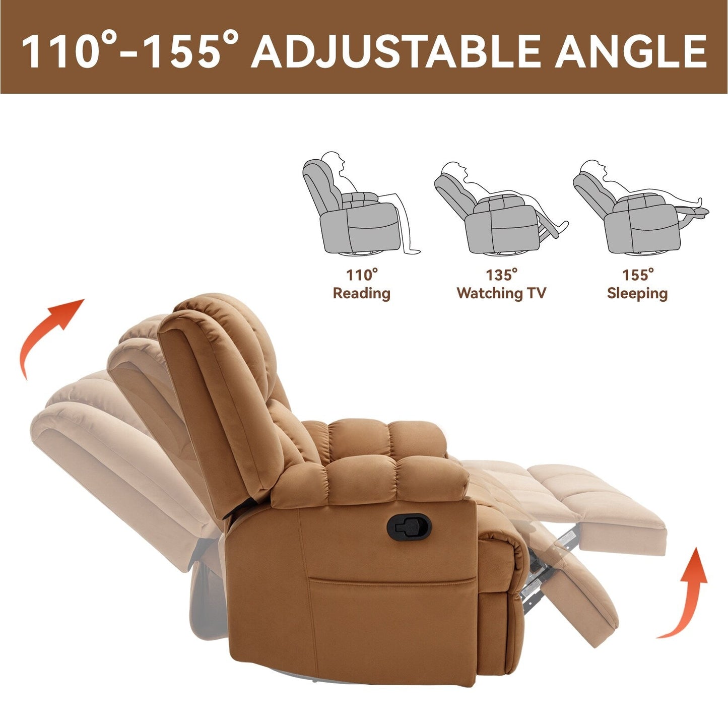 Extra-Large Manual Recliner Chair with 360° Swivel Base and Rocking Motion, Tool-Free Assembly