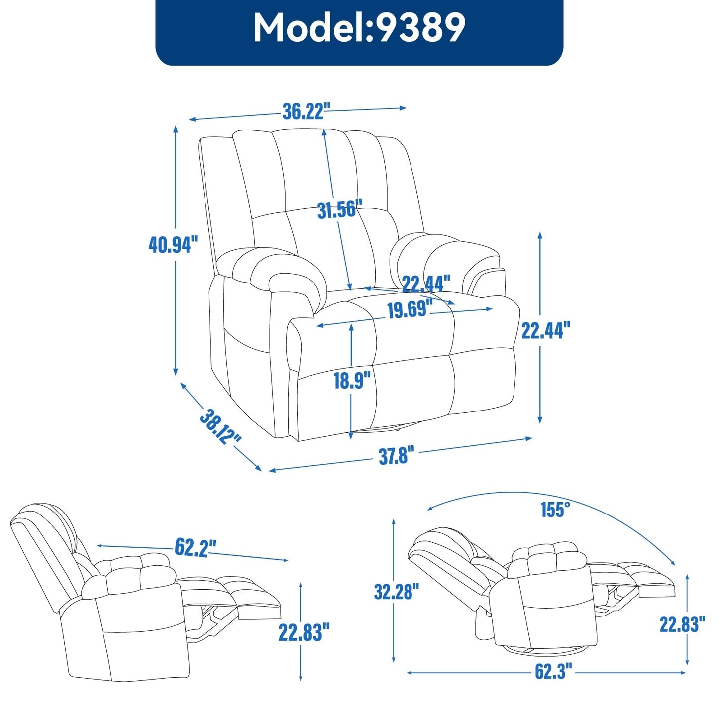 Extra-Large Manual Recliner Chair with 360° Swivel Base and Rocking Motion, Tool-Free Assembly