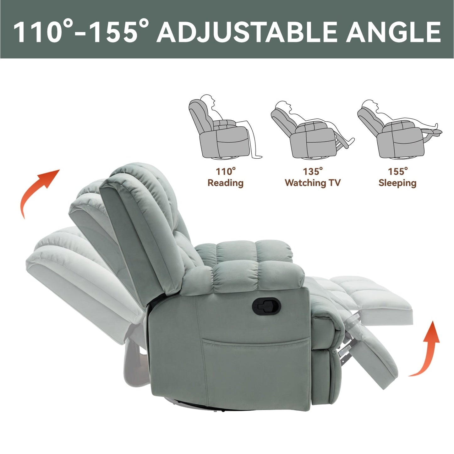 Extra-Large Manual Recliner Chair with 360° Swivel Base and Rocking Motion, Tool-Free Assembly