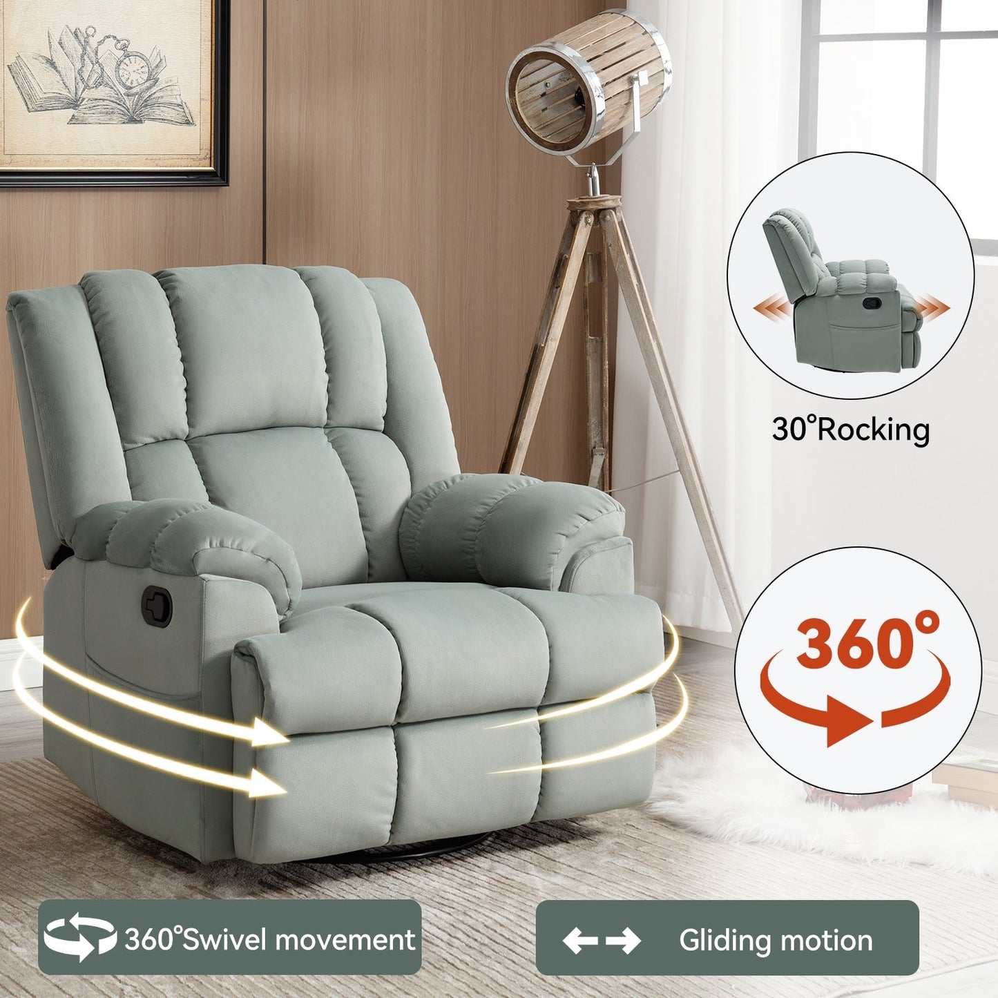 Extra-Large Manual Recliner Chair with 360° Swivel Base and Rocking Motion, Tool-Free Assembly