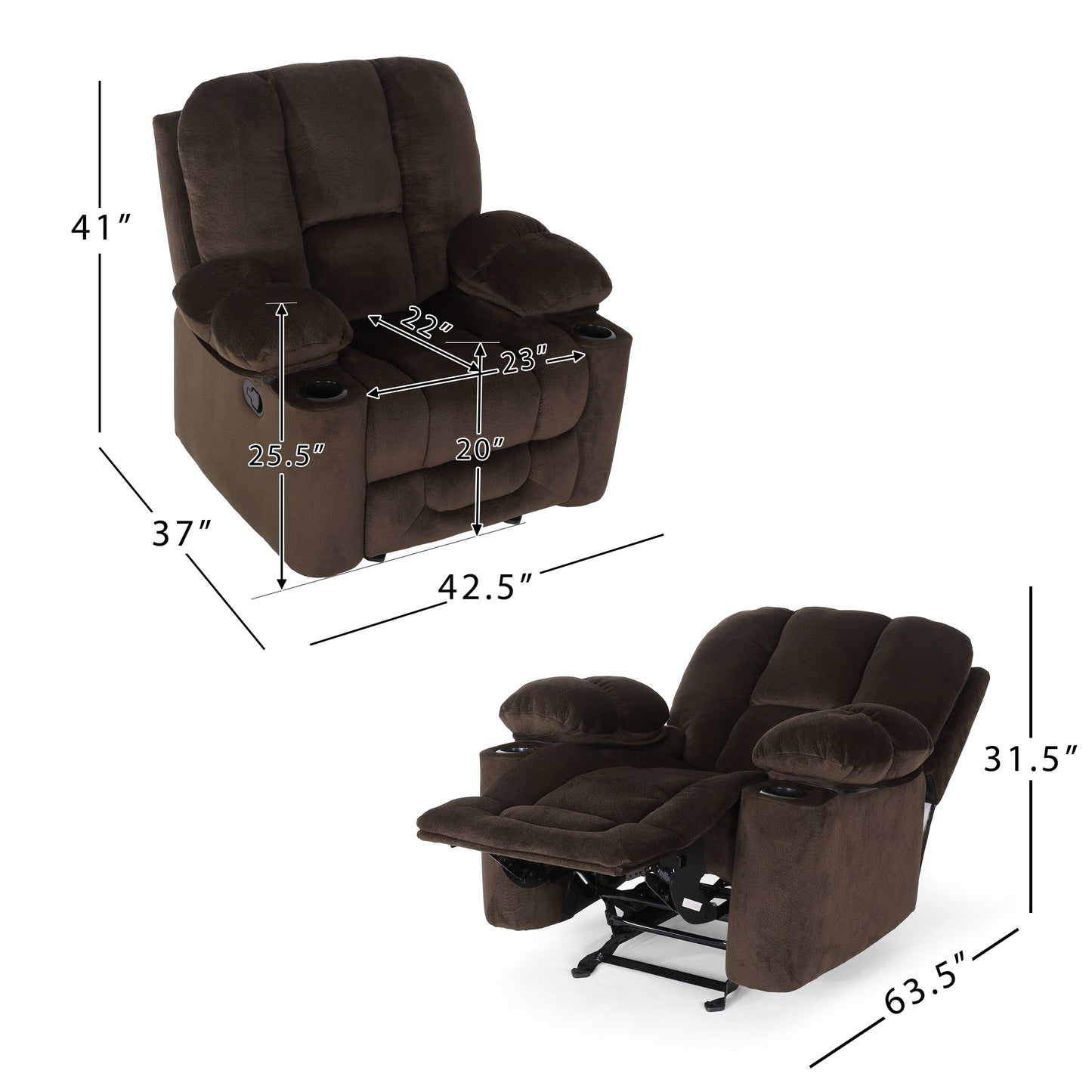 Fabric Manual Recliner Chair with Dual Cup Holders and Generous Padded Cushions
