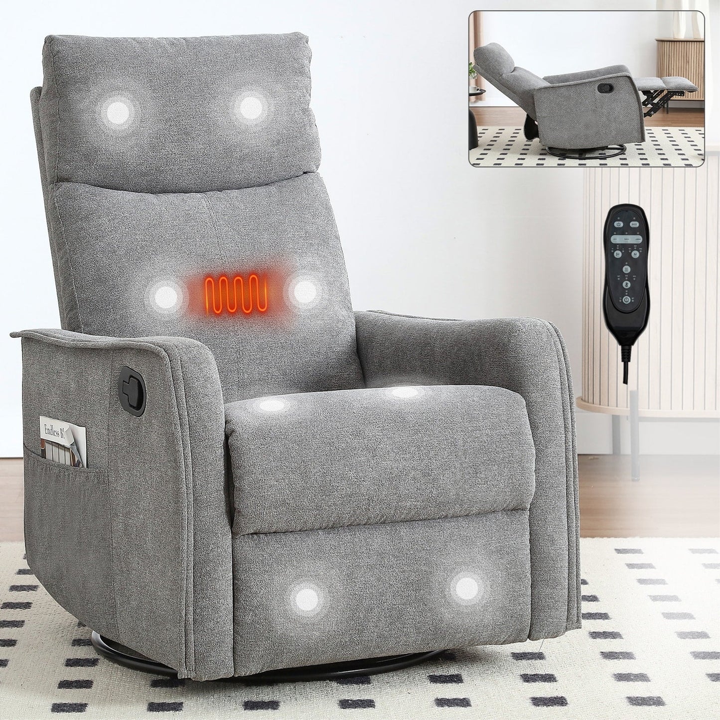 Fabric Recliner Chair with Heat, Massage, 360° Swivel Base, Adjustable Backrest, and Lumbar Support for Living Room Comfort