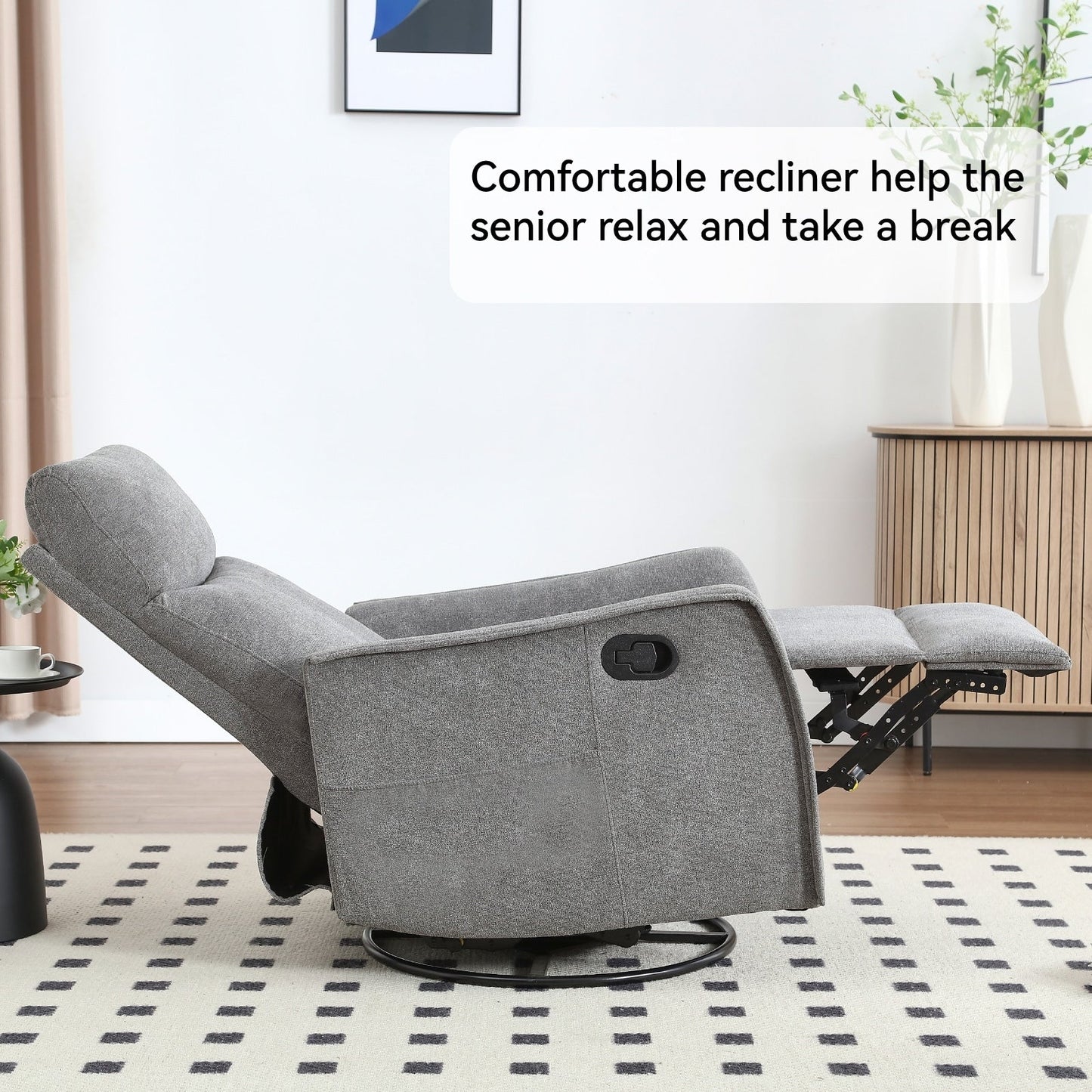 Fabric Recliner Chair with Heat, Massage, 360° Swivel Base, Adjustable Backrest, and Lumbar Support for Living Room Comfort