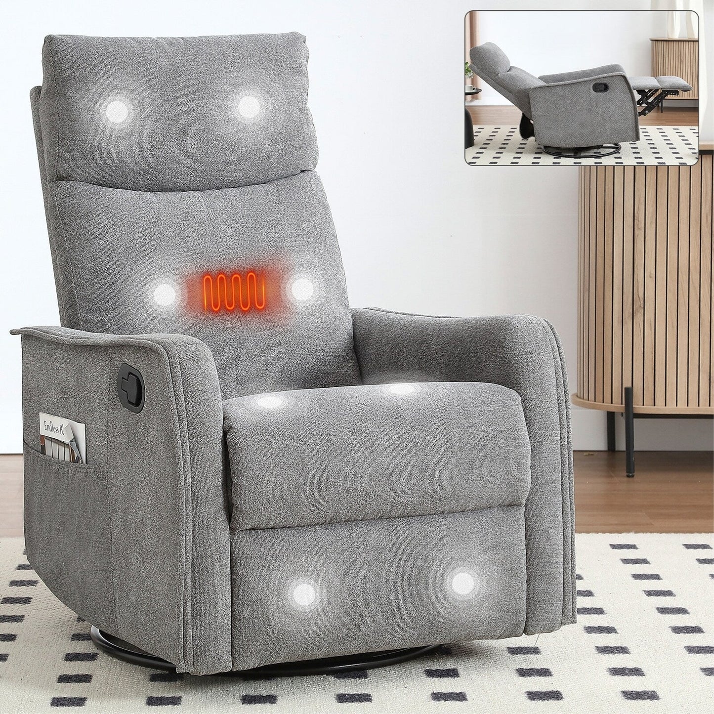 Fabric Recliner Chair with Heat, Massage, 360° Swivel Base, Adjustable Backrest, and Lumbar Support for Living Room Comfort