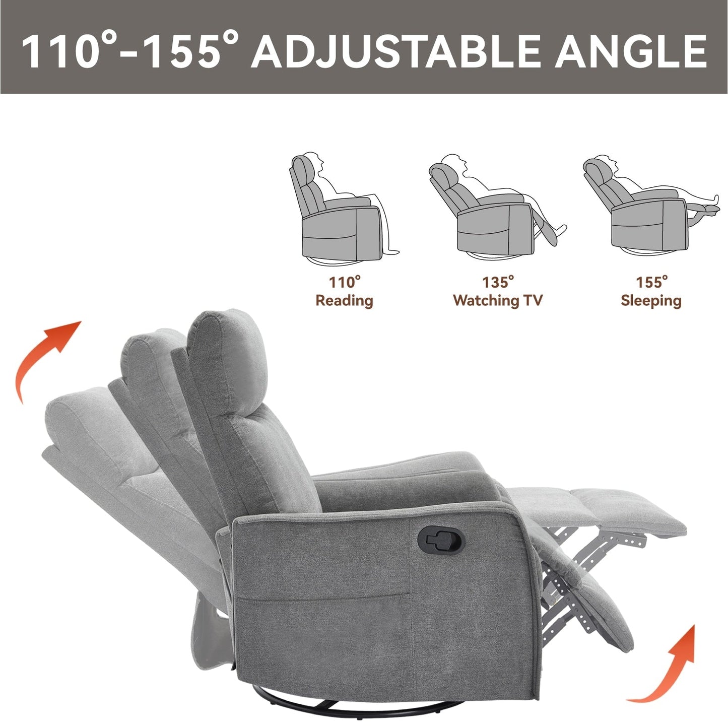 Fabric Recliner Chair with Heat, Massage, 360° Swivel Base, Adjustable Backrest, and Lumbar Support for Living Room Comfort