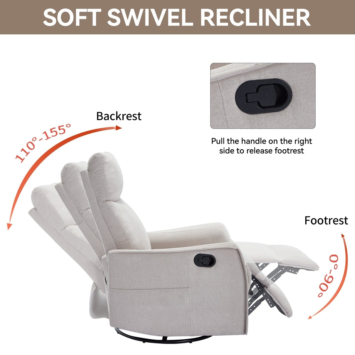 Fabric Recliner Chair with Heat, Massage, 360° Swivel Base, Adjustable Backrest, and Lumbar Support for Living Room Comfort