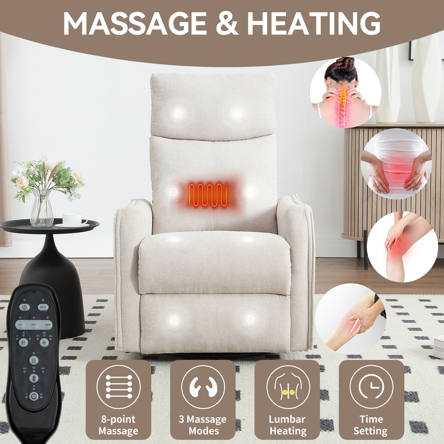 Fabric Recliner Chair with Heat, Massage, 360° Swivel Base, Adjustable Backrest, and Lumbar Support for Living Room Comfort