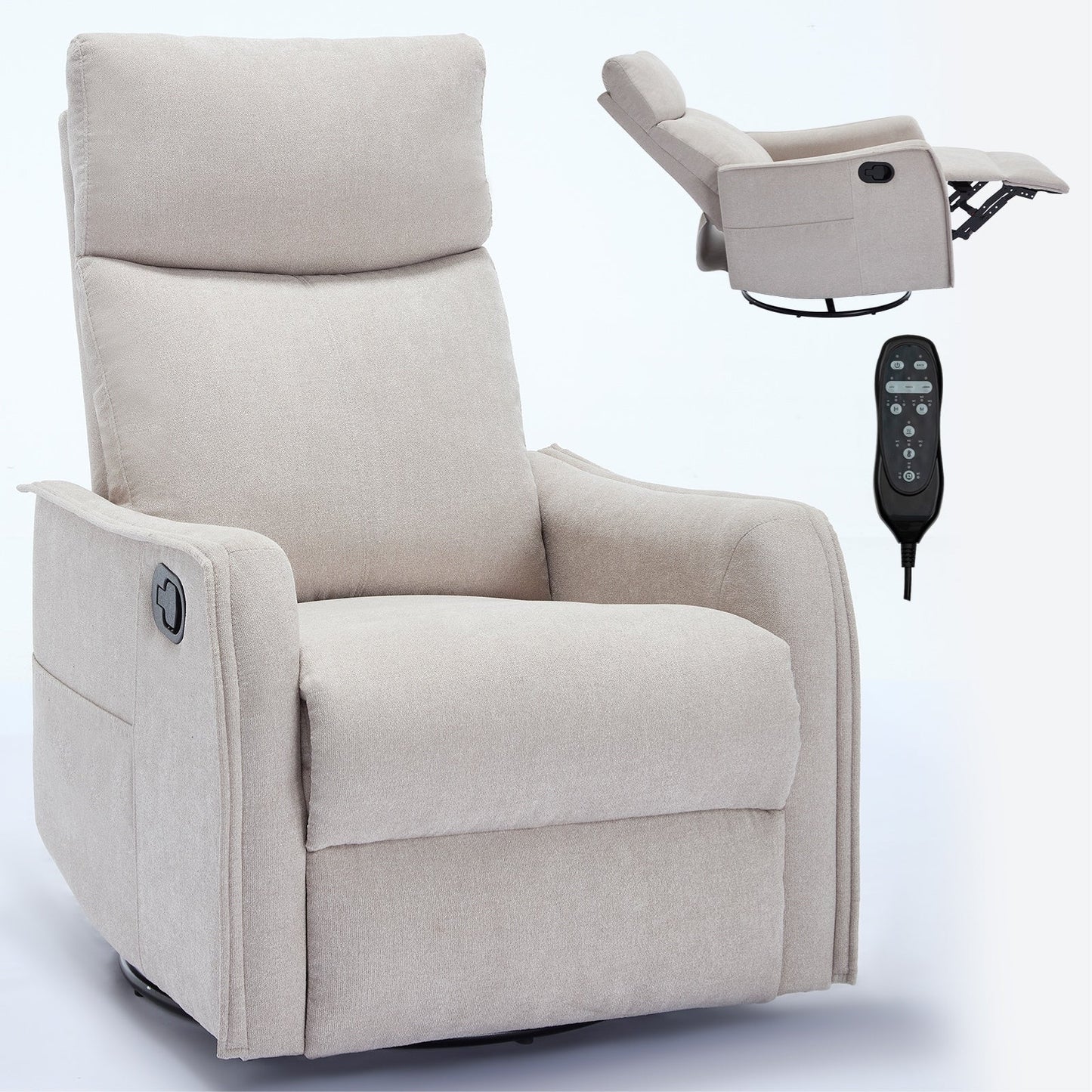 Fabric Recliner Chair with Heat, Massage, 360° Swivel Base, Adjustable Backrest, and Lumbar Support for Living Room Comfort