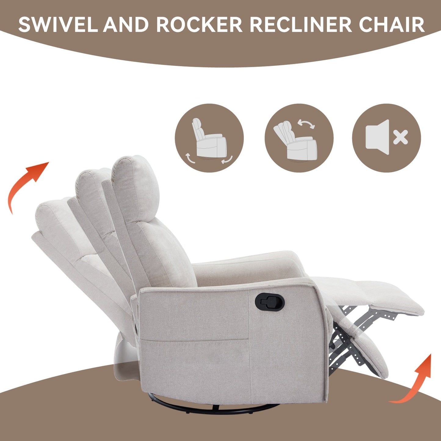 Fabric Recliner Chair with Heat, Massage, 360° Swivel Base, Adjustable Backrest, and Lumbar Support for Living Room Comfort