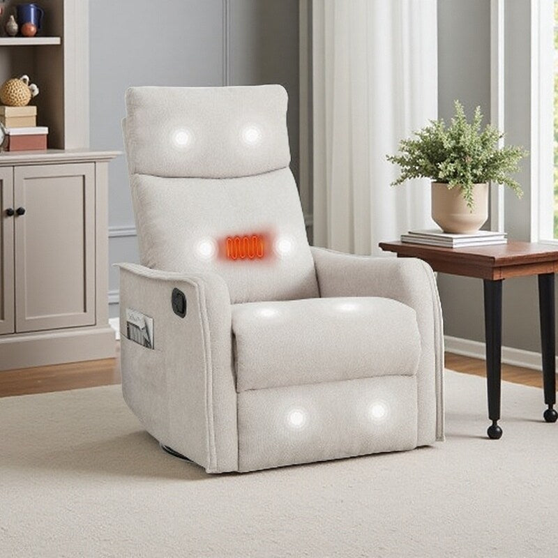 Fabric Recliner Chair with Heat, Massage, 360° Swivel Base, Adjustable Backrest, and Lumbar Support for Living Room Comfort