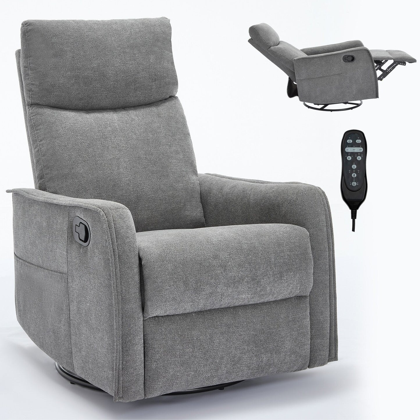 Fabric Recliner Chair with Heat, Massage, 360° Swivel Base, Adjustable Backrest, and Lumbar Support for Living Room Comfort