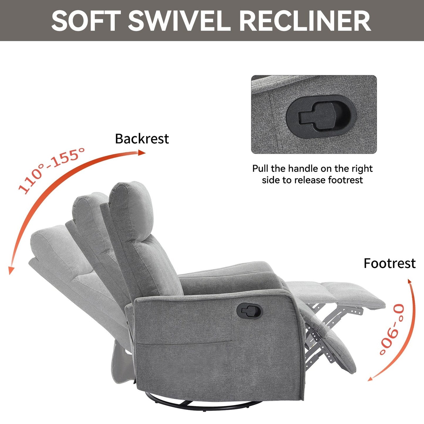Fabric Recliner Chair with Heat, Massage, 360° Swivel Base, Adjustable Backrest, and Lumbar Support for Living Room Comfort