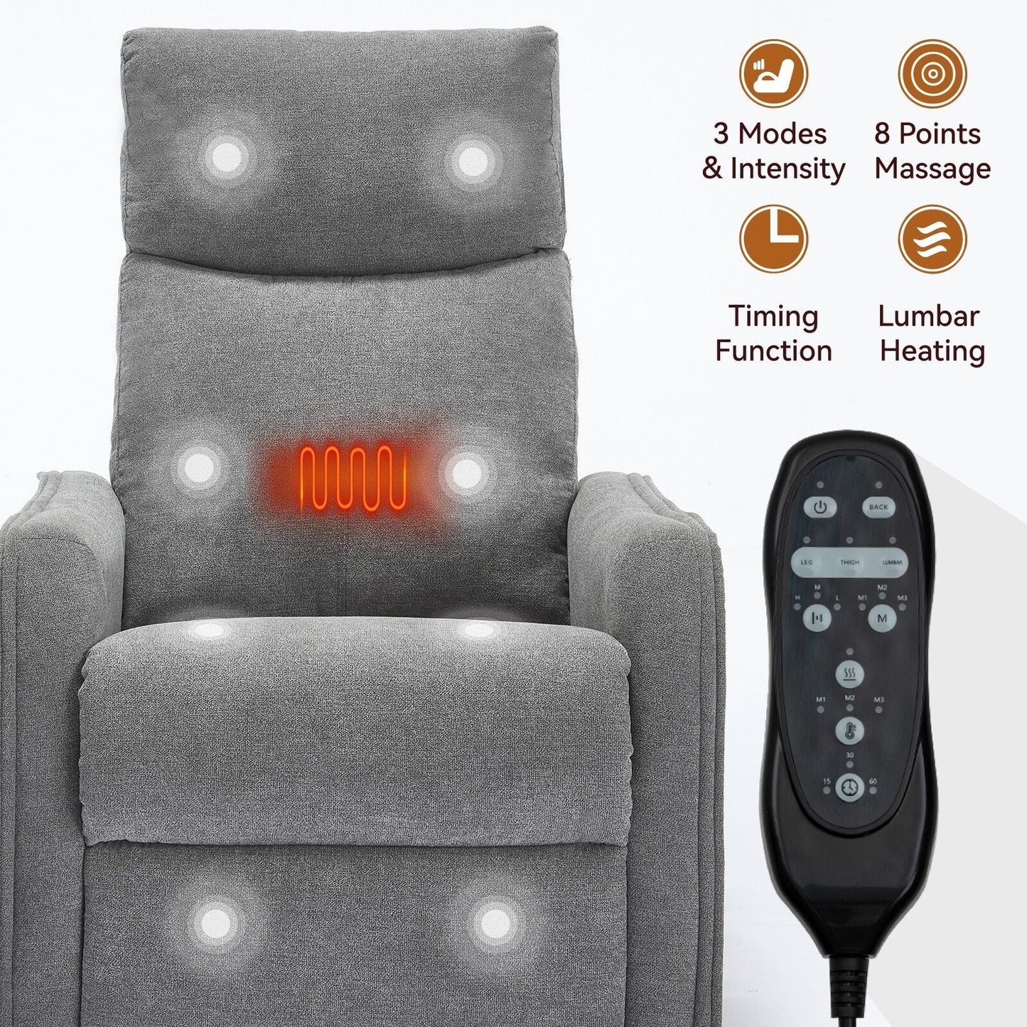 Fabric Recliner Chair with Heat, Massage, 360° Swivel Base, Adjustable Backrest, and Lumbar Support for Living Room Comfort