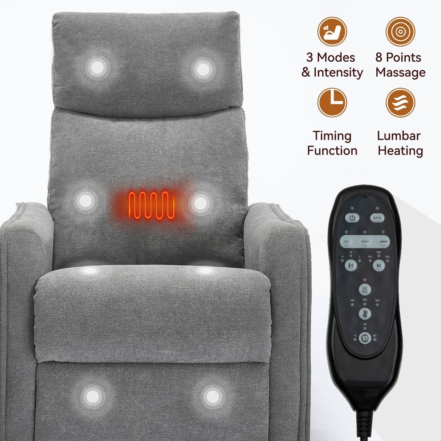 Fabric Recliner Chair with Heat, Massage, 360° Swivel Base, Adjustable Backrest, and Lumbar Support for Living Room Comfort