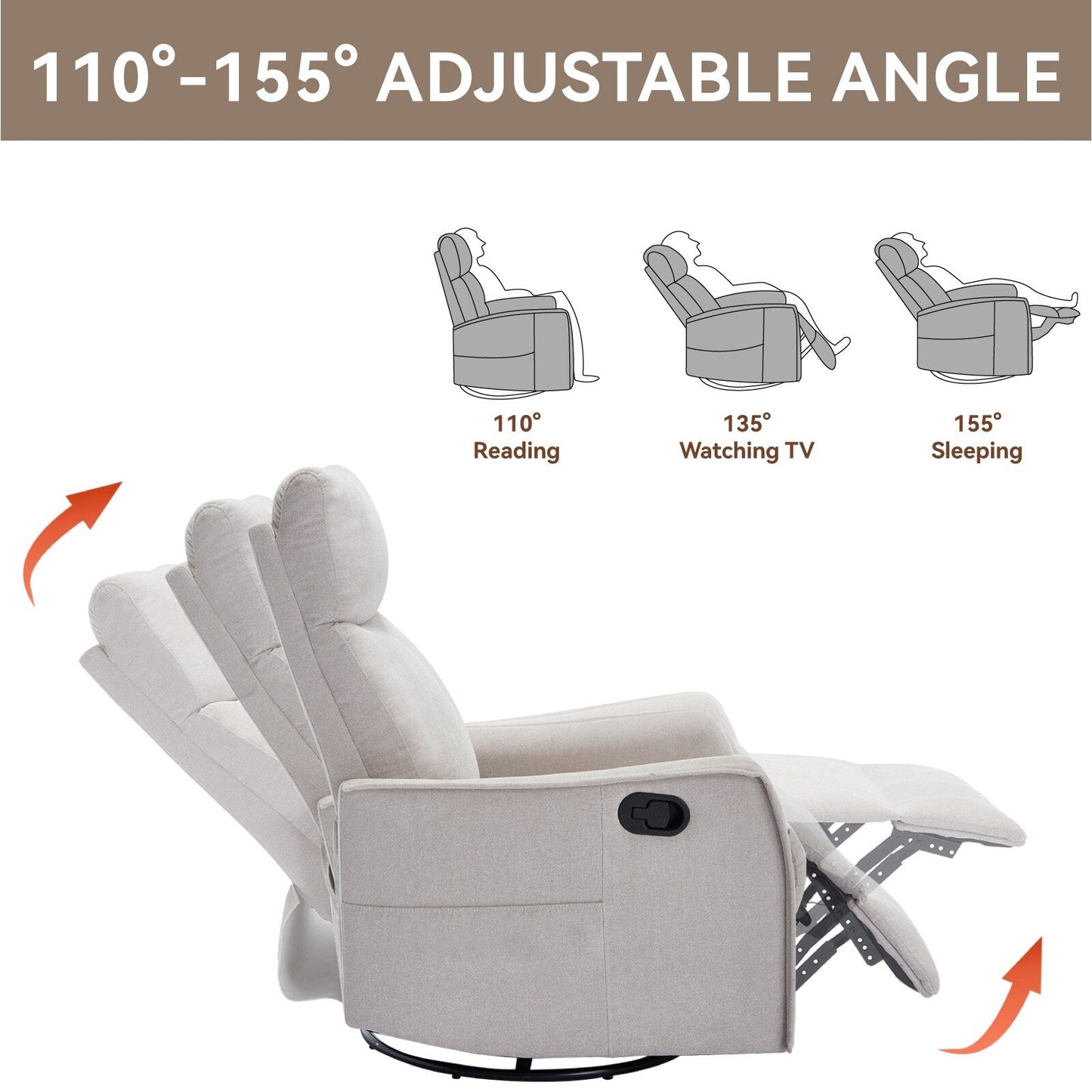 Fabric Recliner Chair with Heat, Massage, 360° Swivel Base, Adjustable Backrest, and Lumbar Support for Living Room Comfort
