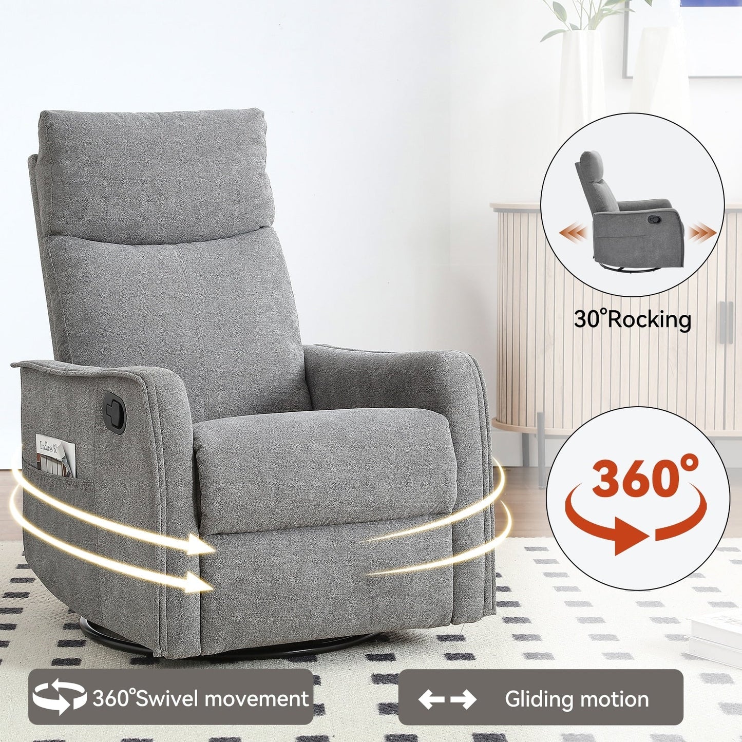 Fabric Recliner Chair with Heat, Massage, 360° Swivel Base, Adjustable Backrest, and Lumbar Support for Living Room Comfort