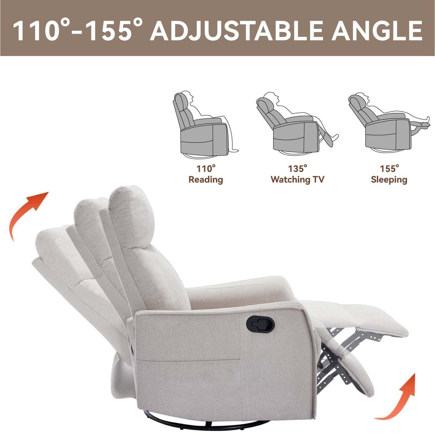 Fabric Recliner Chair with Heat, Massage, 360° Swivel Base, Adjustable Backrest, and Lumbar Support for Living Room Comfort
