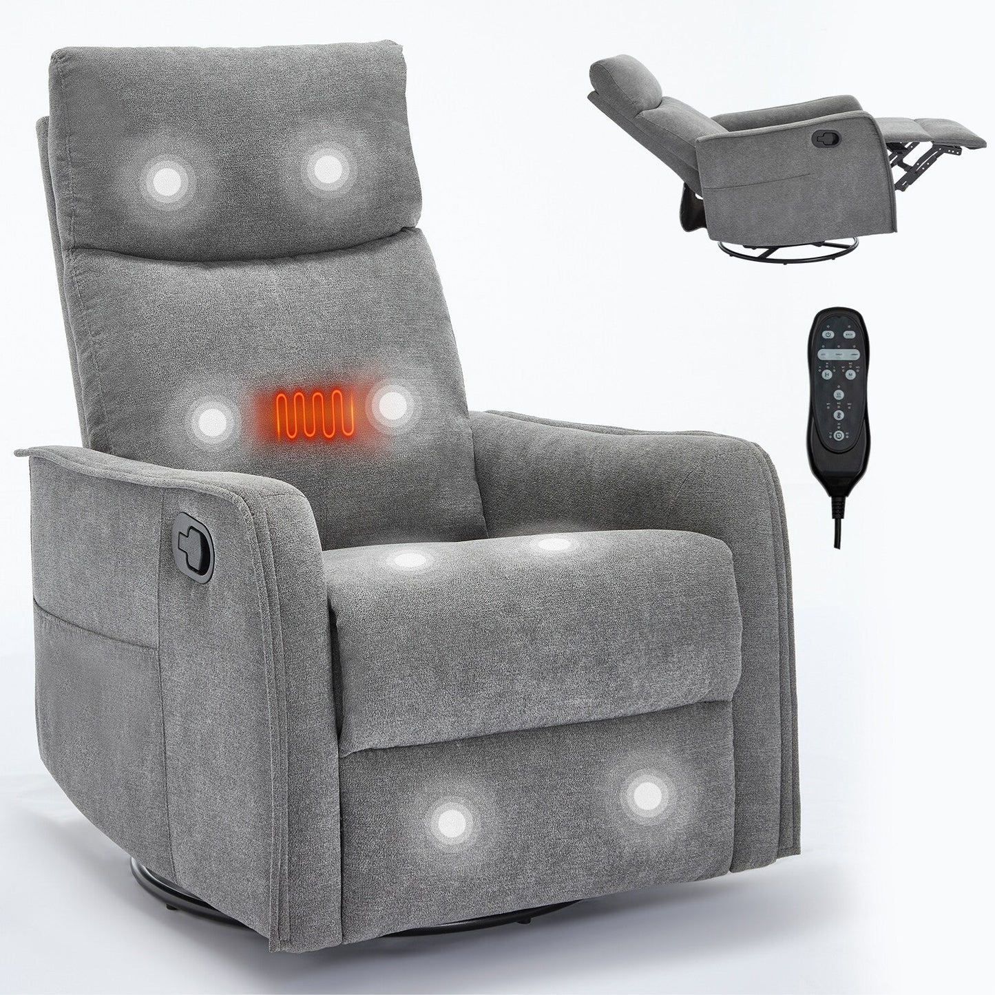 Fabric Recliner Chair with Heat, Massage, 360° Swivel Base, Adjustable Backrest, and Lumbar Support for Living Room Comfort