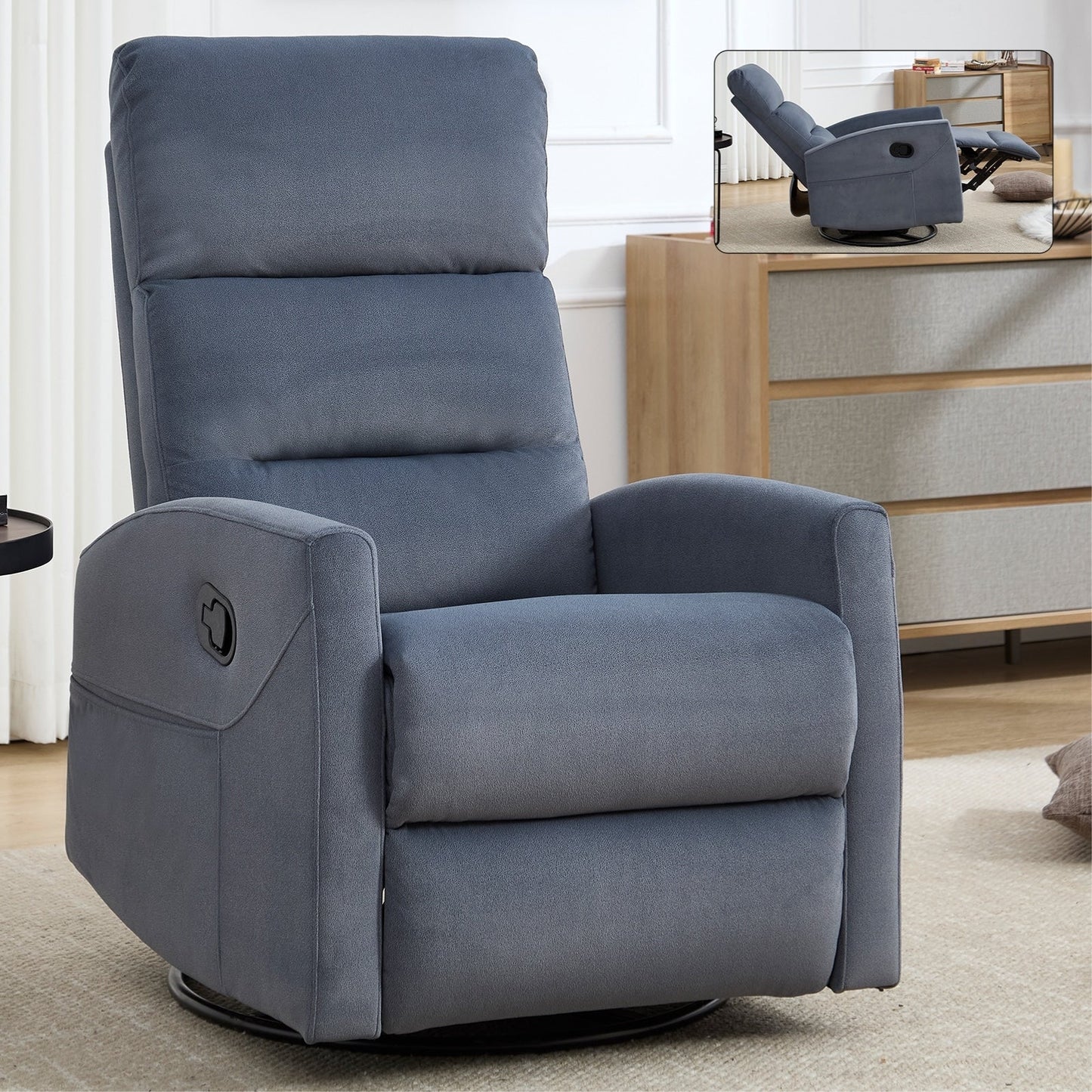 Fabric Rocker Recliner Chair with 360° Swivel Base, Manual Reclining Armchair with Side Lever, Comfortable Lounge Chair