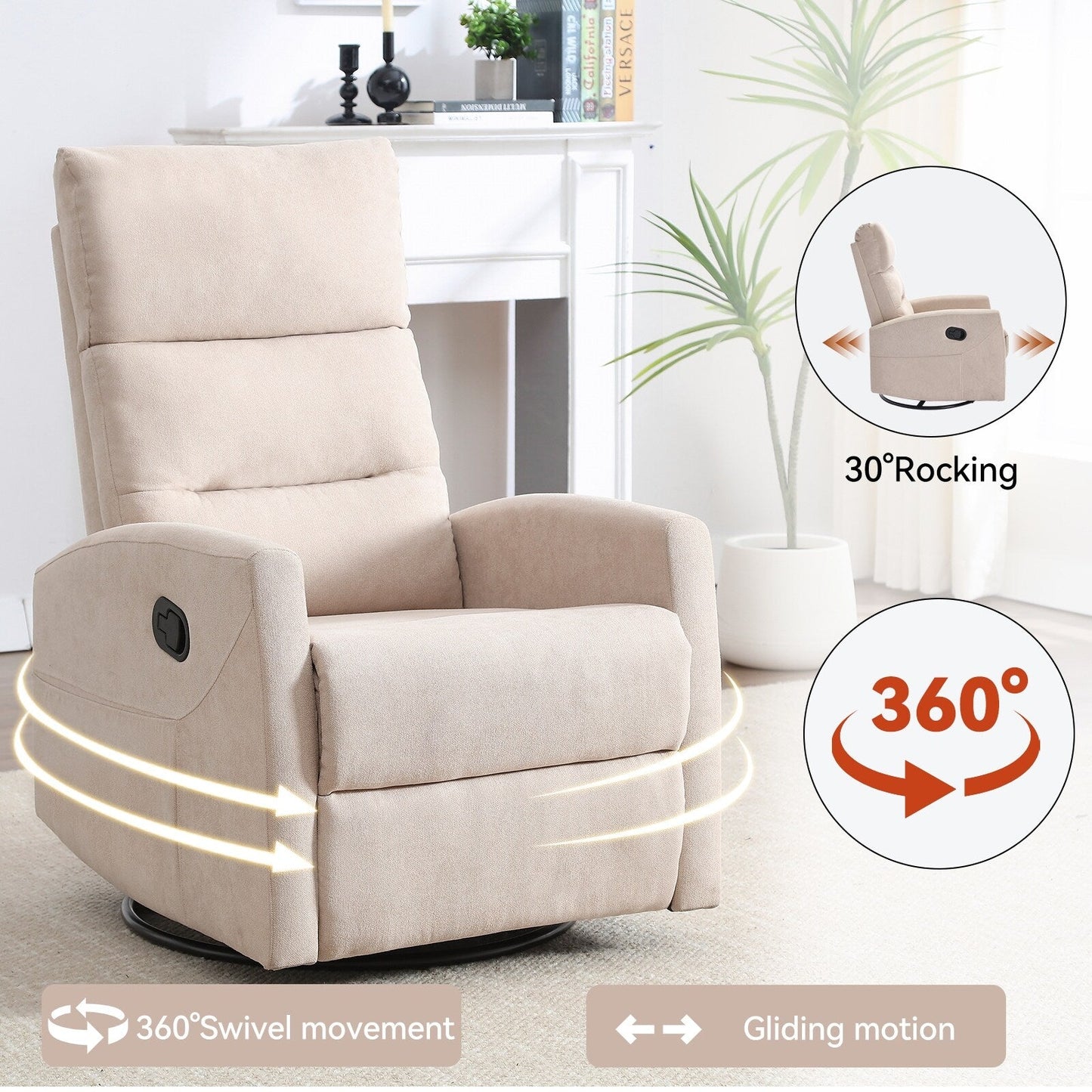 Fabric Rocker Recliner Chair with 360° Swivel Base, Manual Reclining Armchair with Side Lever, Comfortable Lounge Chair