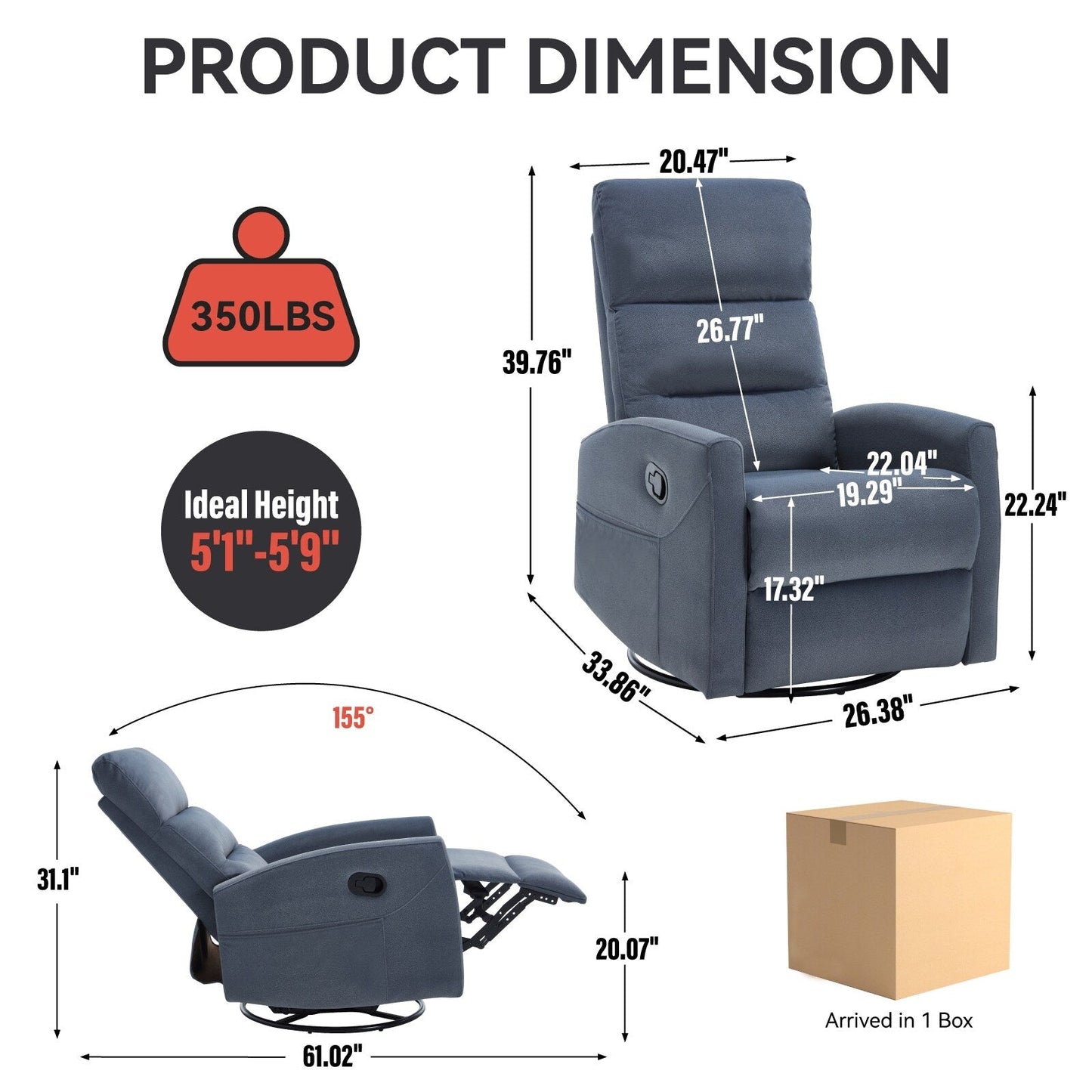 Fabric Rocker Recliner Chair with 360° Swivel Base, Manual Reclining Armchair with Side Lever, Comfortable Lounge Chair
