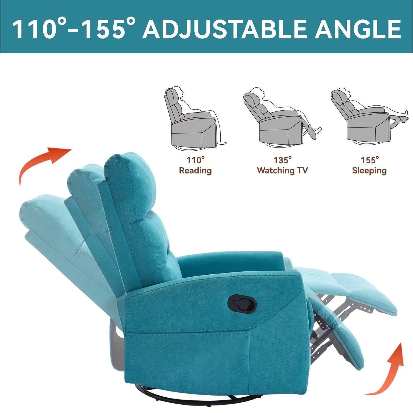 Fabric Rocker Recliner Chair with 360° Swivel Base, Manual Reclining Armchair with Side Lever, Comfortable Lounge Chair