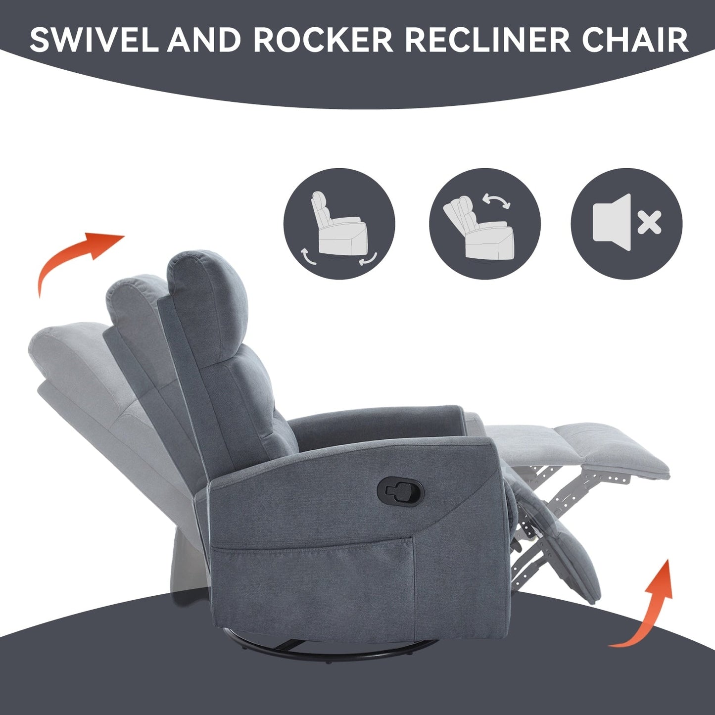 Fabric Rocker Recliner Chair with 360° Swivel Base, Manual Reclining Armchair with Side Lever, Comfortable Lounge Chair