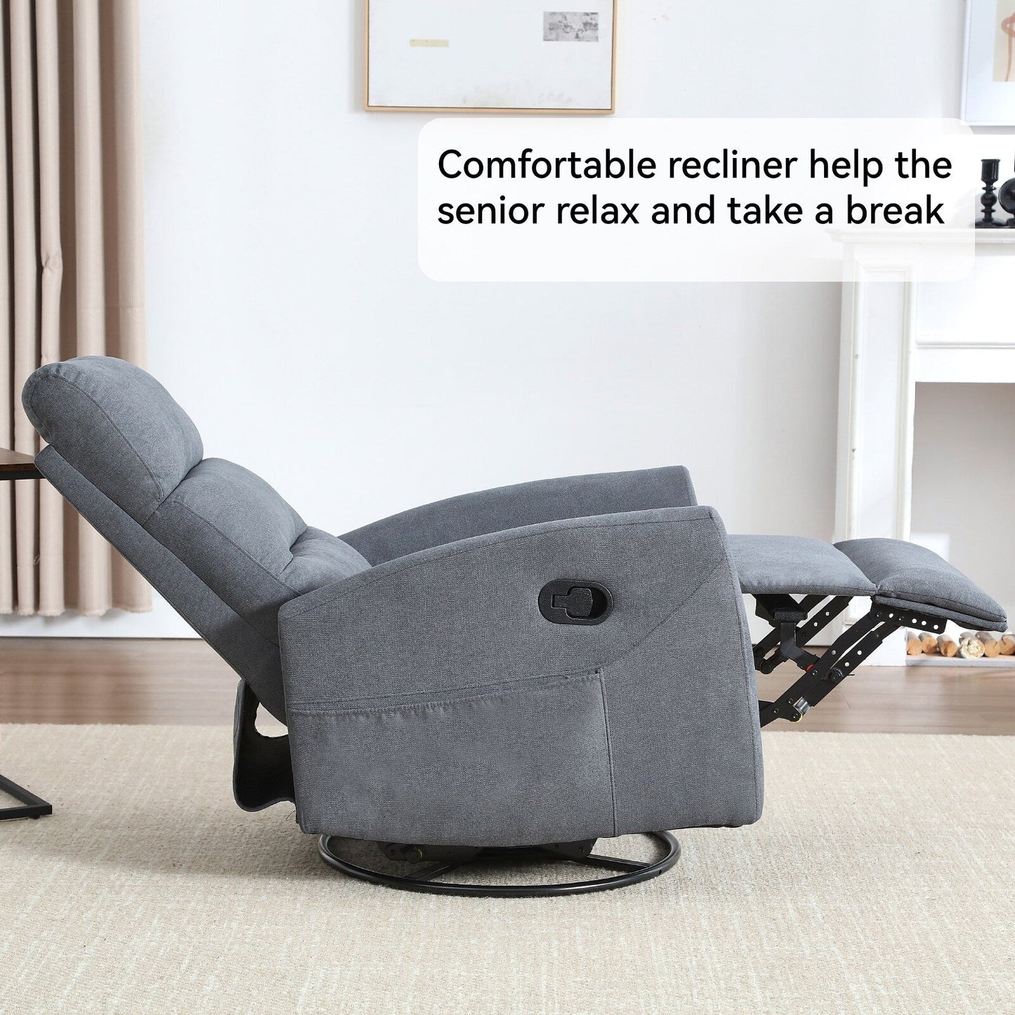 Fabric Rocker Recliner Chair with 360° Swivel Base, Manual Reclining Armchair with Side Lever, Comfortable Lounge Chair