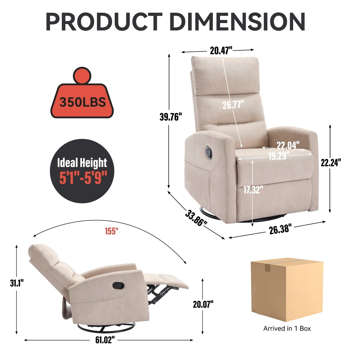 Fabric Rocker Recliner Chair with 360° Swivel Base, Manual Reclining Armchair with Side Lever, Comfortable Lounge Chair