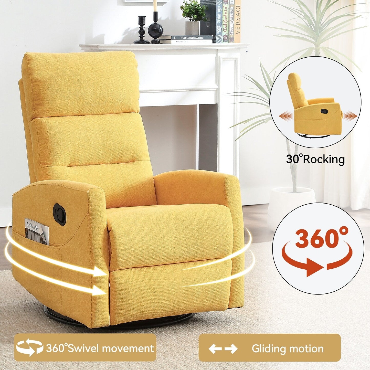 Fabric Rocker Recliner Chair with 360° Swivel Base, Manual Reclining Armchair with Side Lever, Comfortable Lounge Chair